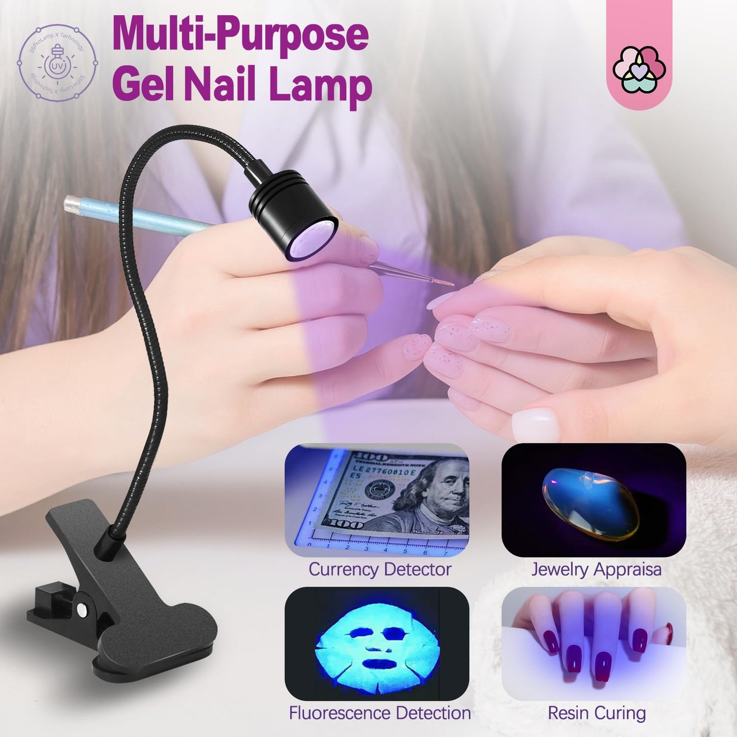SAVILAND Gooseneck U V Lamp for Gel Nails: 360°Adjustable U V Light for Gel Nails 10S Fast Curing Nail Lamp Hands Free 5W LED Flash Cure Gel Light Gel Nail Portable Salon DIY Nail Tech Manicure