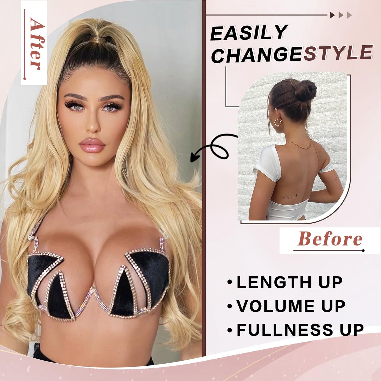 CHRSHN Blonde Ponytail Extension, 26 Inch Drawstring Ponytail Extension for Women Long Blonde Wavy Layered Pony Tails Hair Extensions Synthetic Clip in Ponytail Hairpiece for Women(27/613)