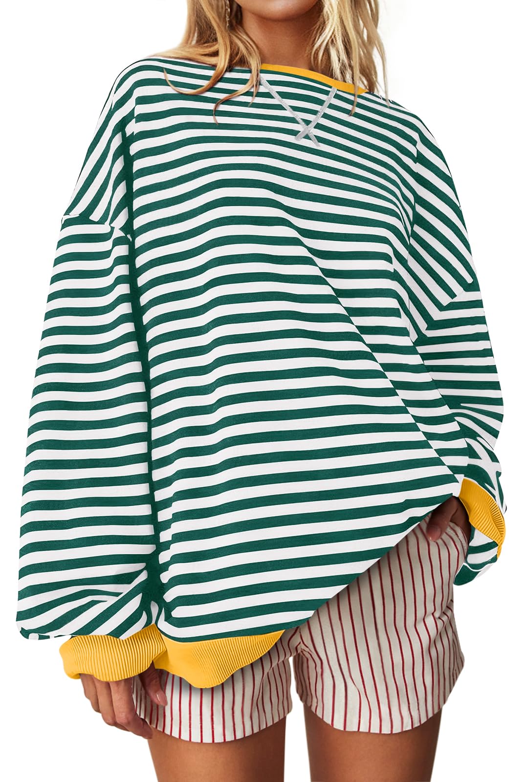 UEU Women Oversized Striped Sweatshirt Color Block Crew Neck Sweatshirt Casual Long Sleeve Pullover Shirt Green X-Large