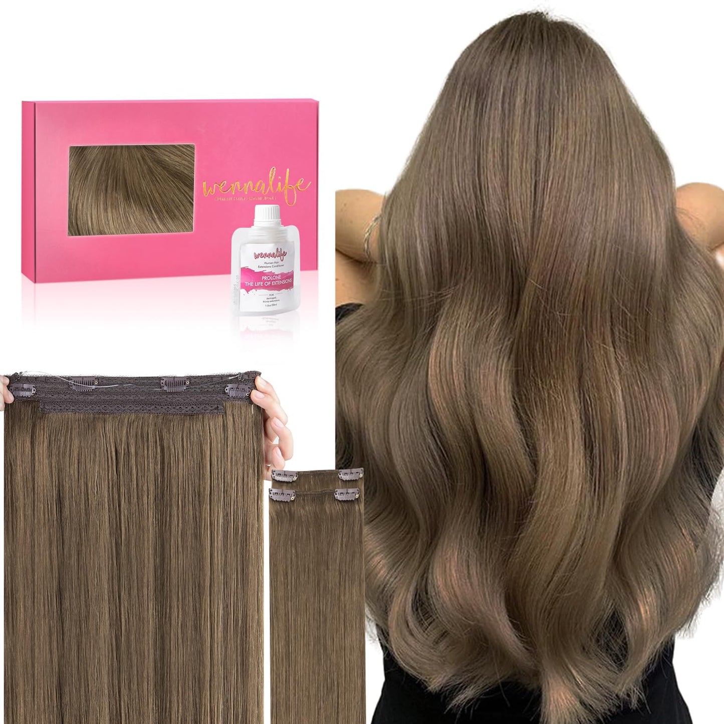 WENNALIFE Wire Hair Extensions (Increase 50% Lifespan) Real Human Hair 12 inch 100g Light Ash Brown Remy Real Hair Extensions Invisible Wire Hair Extensions Human Hair Natural Fish Line Straight Hair