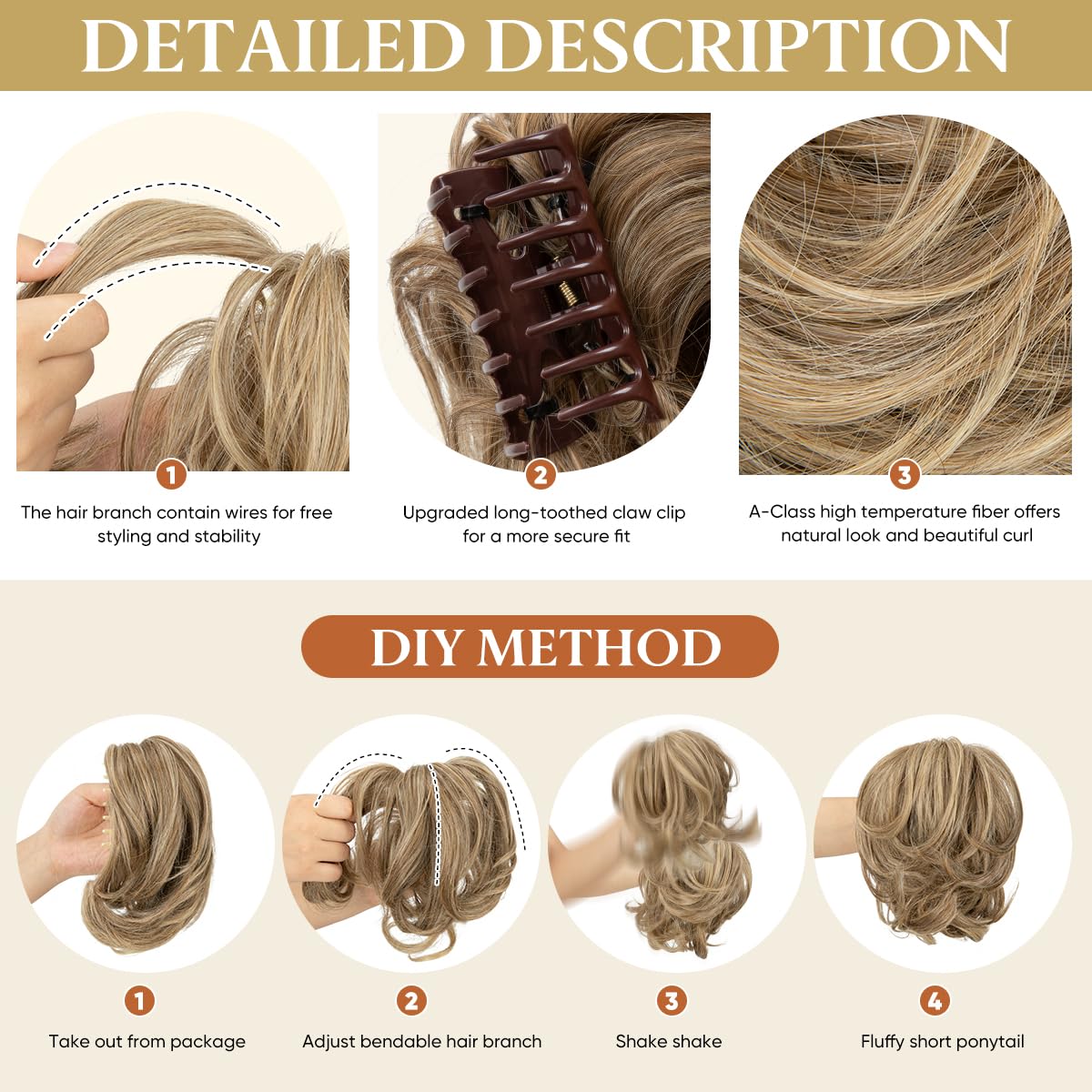 youngways Claw Clip Short Ponytail Messy Bun Hair Piece Bendable Hair Branch Extensions Fluffy Wavy Curly Synthetic Versatile Pecan Hairpieces