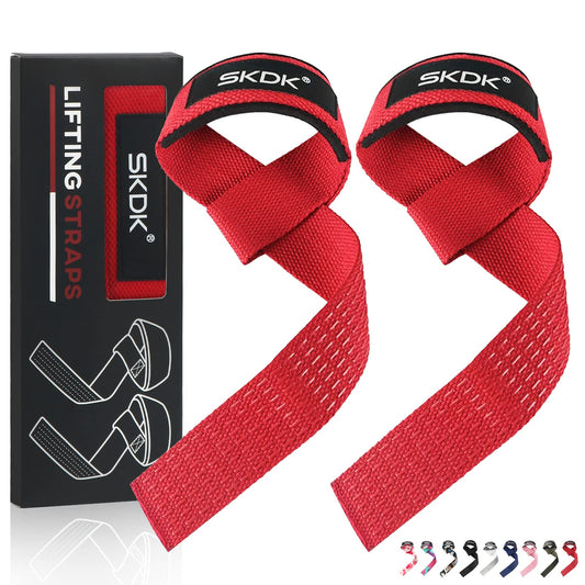 SKDK Cotton Hard Pull Wrist Lifting Straps Grips Band-Deadlift Straps with Neoprene Cushioned Wrist Padded and Anti-Skid Silicone - for Weightlifting, Bodybuilding, Xfit, Strength Training (Red)