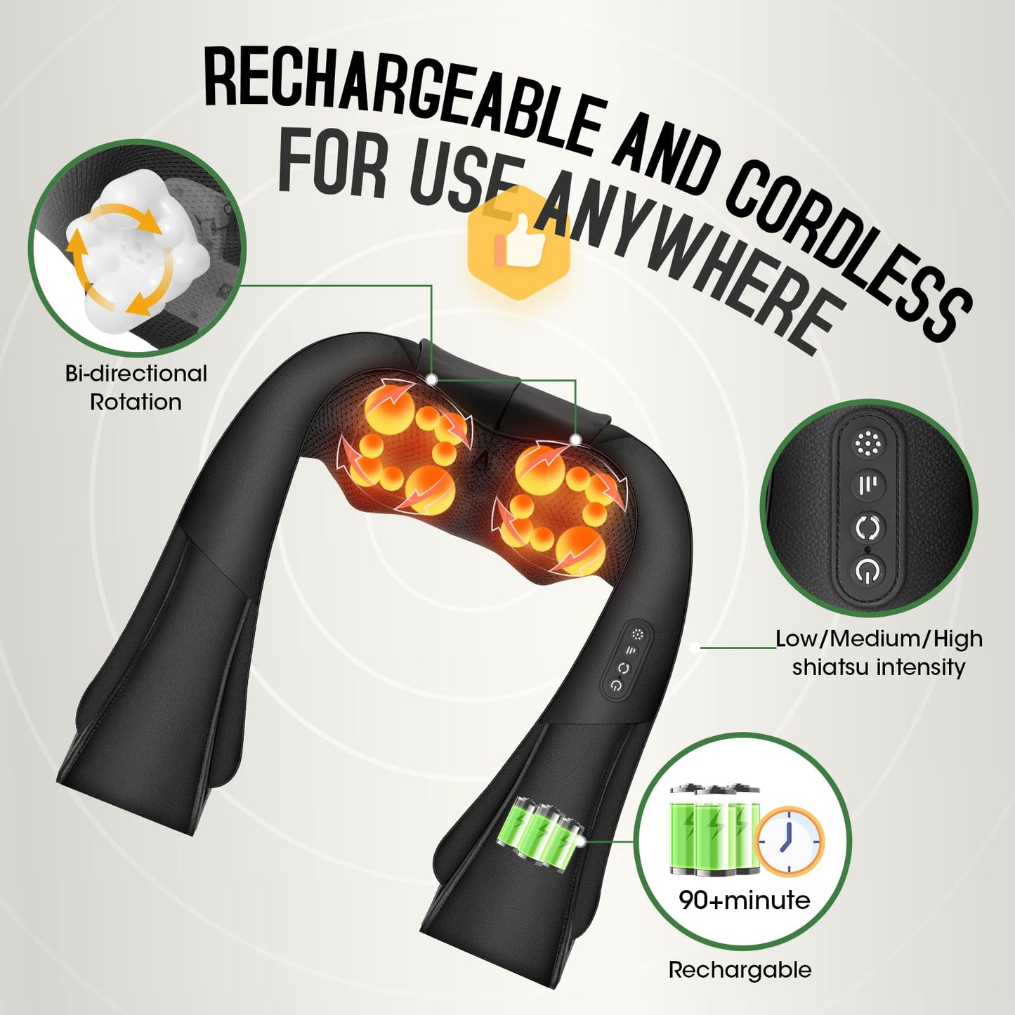 Cordless Shiatsu Neck and Shoulder Massager, Back Massager with Heat ,Massage Deeper Tissue 4D Kneading Massage for Shoulder, Neck and Back, Use at Home, Office, Car - Gifts for Fathers Day Dad Gift