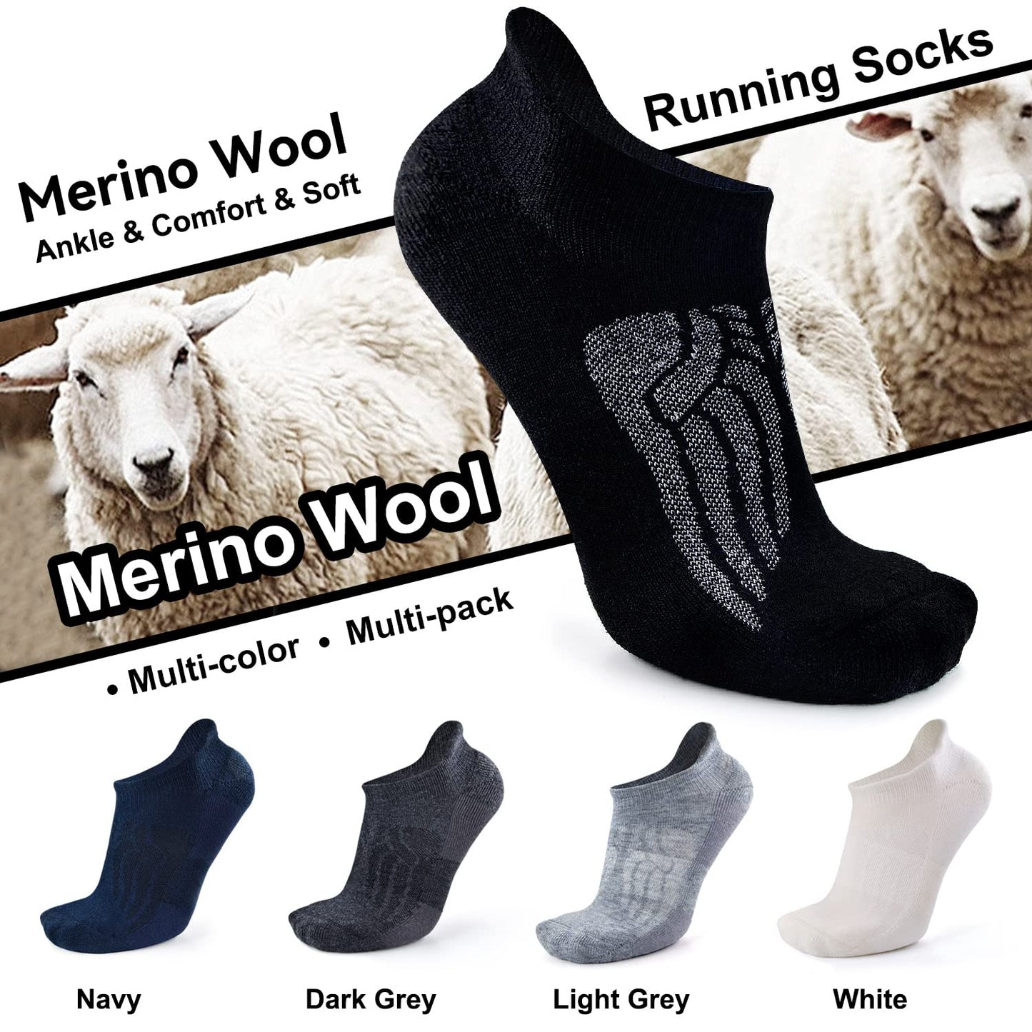 Busy Socks Womens Wool Socks Winter Size 10-13, Mens Hiking Socks Athletic Running Ankle Thick Cushion Boot Socks, Black/White/Navy, Large, 3 Pairs