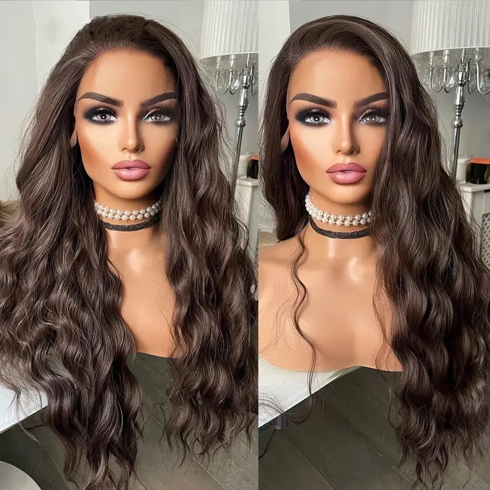 WXHWCX Long Brown Middle Part Wavy Wig For Women Heat Resistant Fiber Hair Synthetic Lace Front Wigs Daily Party Use Wigs