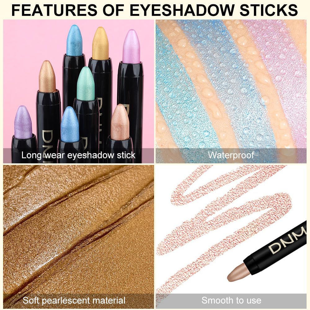 Kaely 8Pcs Cream Eyeshadow Stick Set for Eyes,Desert Mocha Beige Gold Light Purple Pink Sky Dazzling Blue Geen,Halloween Makeup,Shimmer Waterproof Eye Shadow Pencil Pen Crayon,sombras para ojos 02