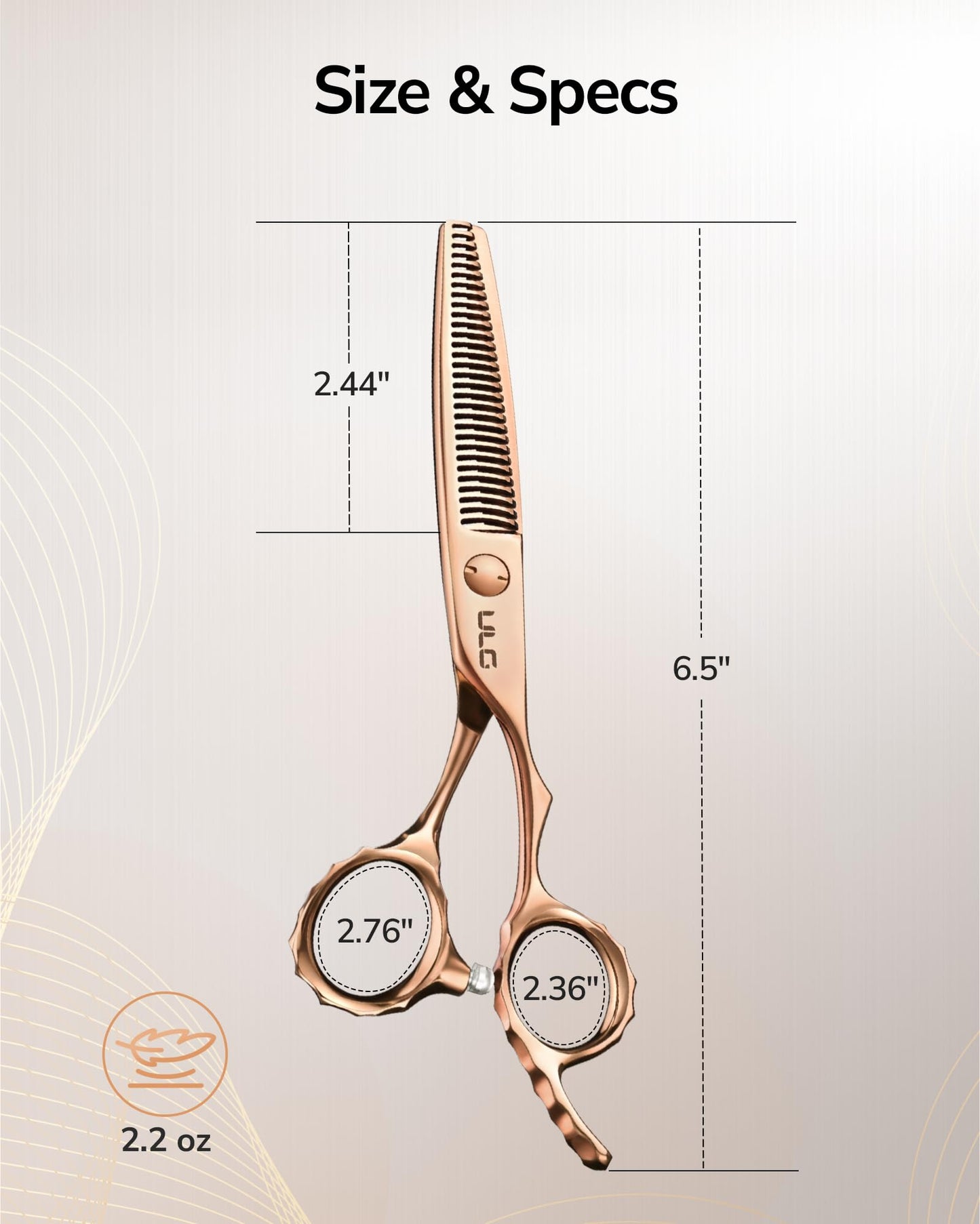 ULG Professional Seamless Hair Thinning Scissors Luxury 18K Rose Gold Coated 6.5" Barber Scissors 440C Japanese Stainless Steel Hand-Honed Convex Blades Offset Handles Tension Adjustable, Right-Handed