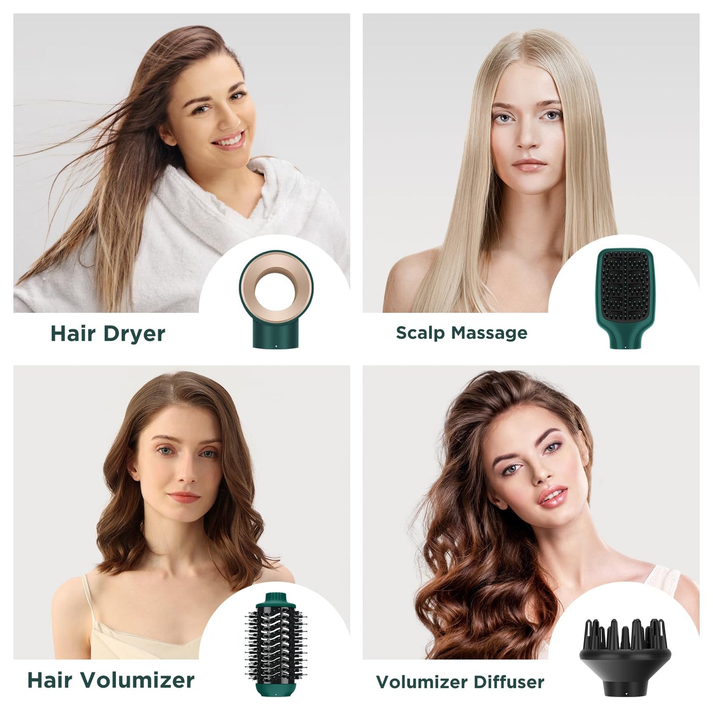IG INGLAM Hair Dryer Brush, 4-in-1 Detachable Blow Dryer Brush, Ionic Diffuser Hair Dryer & Styler Volumizer with Oval Titanium Barrel, One-Step Hot Air Blowout Brush, Updated Push Switch, Dark Green