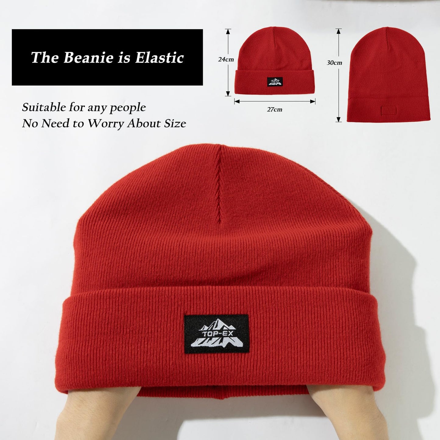 TOP-EX XXL 100% Merino Wool Beanie Hats for Men Women Winter Warm Polar Fleece Lined Beanies for Cold Weather Ski Running Hunting Walking Red XL/XXL