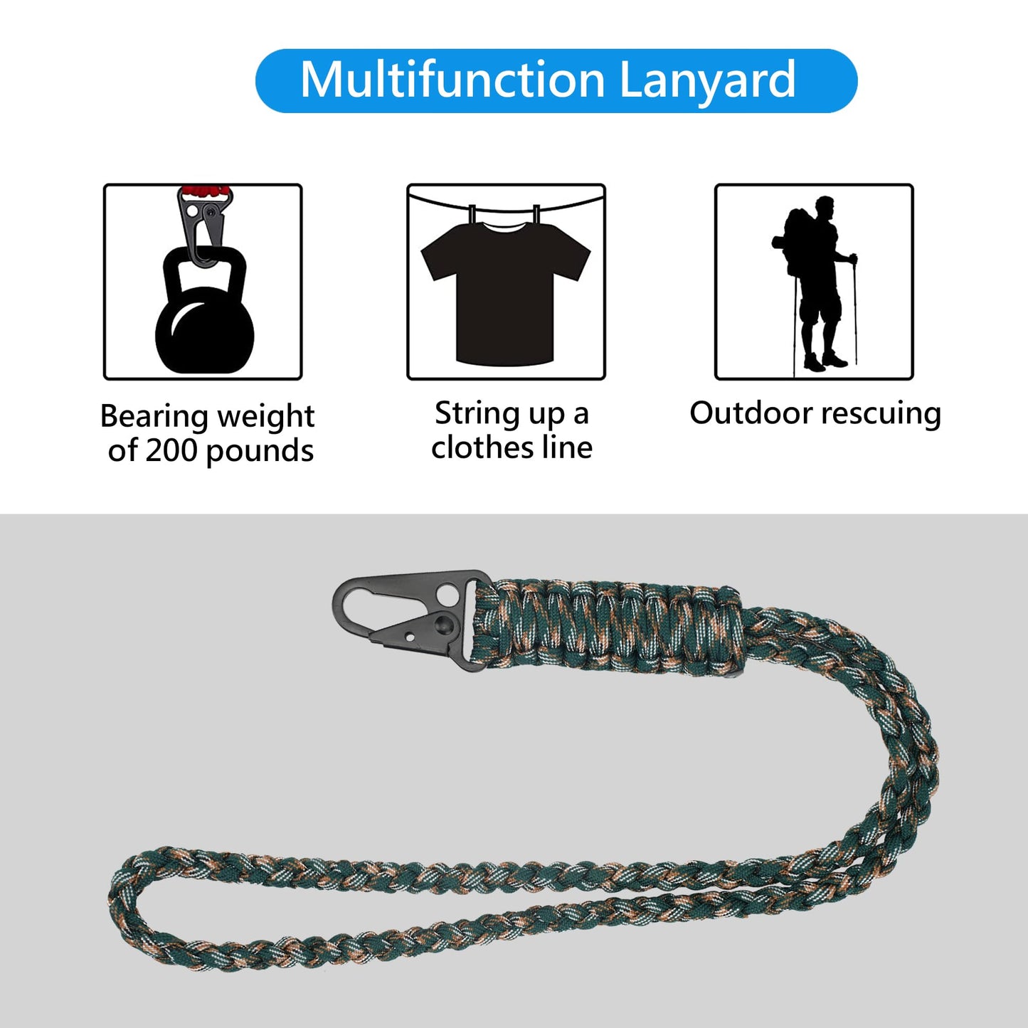 LAREDTREE Heavy Duty Paracord Lanyard Keychain, Paracord Necklace Cell Phone Keychain Whistles Wrist Braided Strap (Camo + Black)