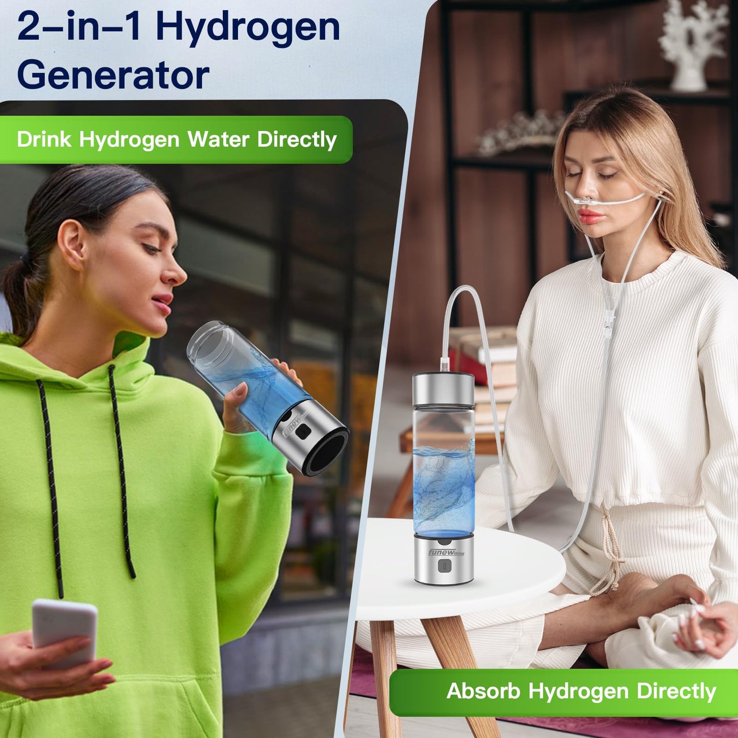 Hydrogen Water Bottle Generator, 2300ppb Portable Water Ionizer Machine with SPE/PEM Technology in 3-Minute Electrolysis, Rechargeable Hydrogen Rich Glass Cup for Home Office Travel & Fitness