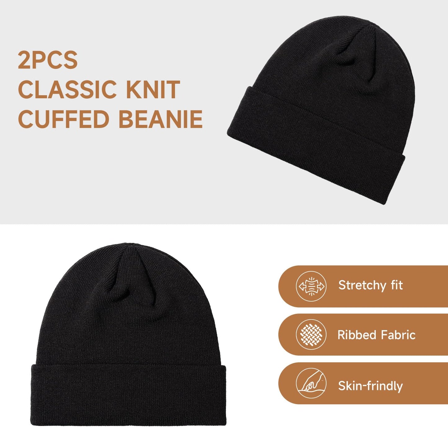 Beanie Men Slouchy Knit Skull Cap Warm Stocking Hats Women Striped Winter Beanie Hat Cuffed Plain Hat Black