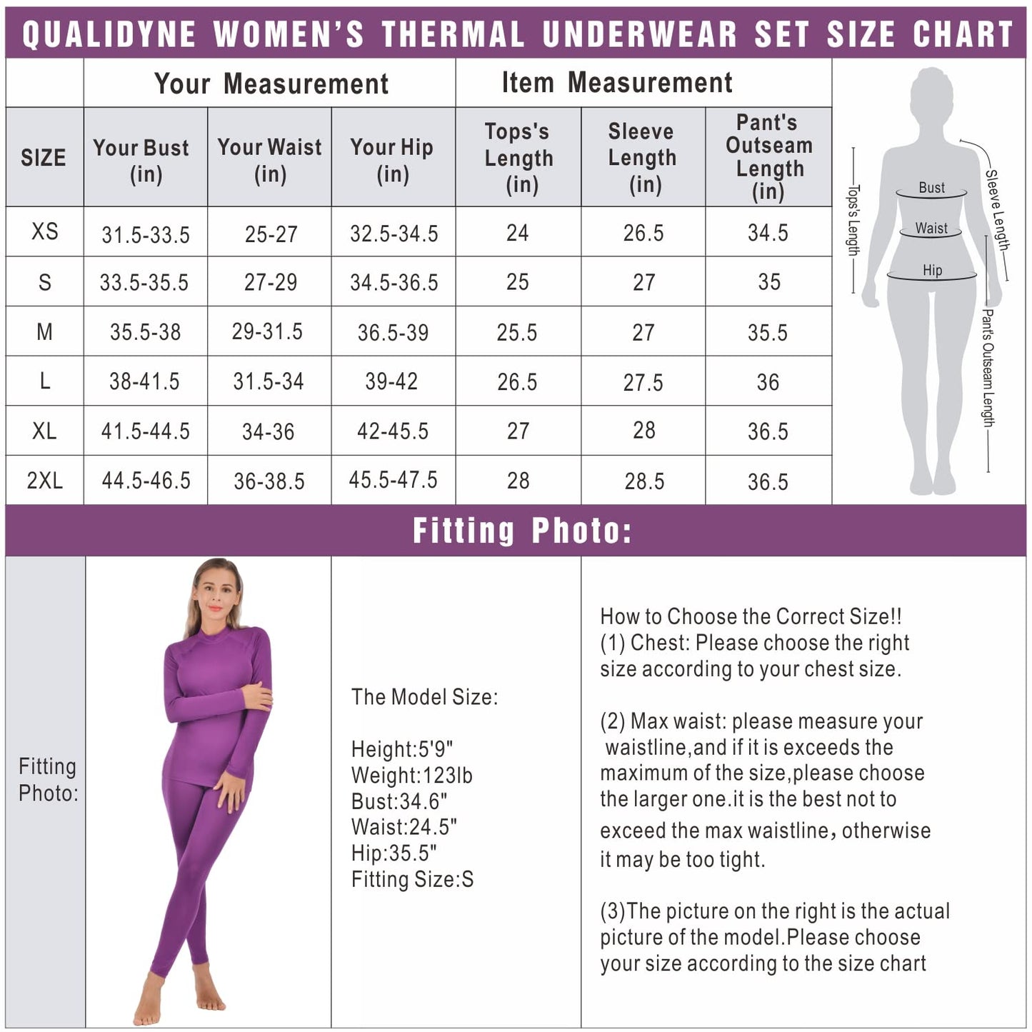 qualidyne Thermal Underwear for Women Long Johns Ultra-Soft Base Layer Pajama Set Winter Cold Weather Top and Bottom Purple