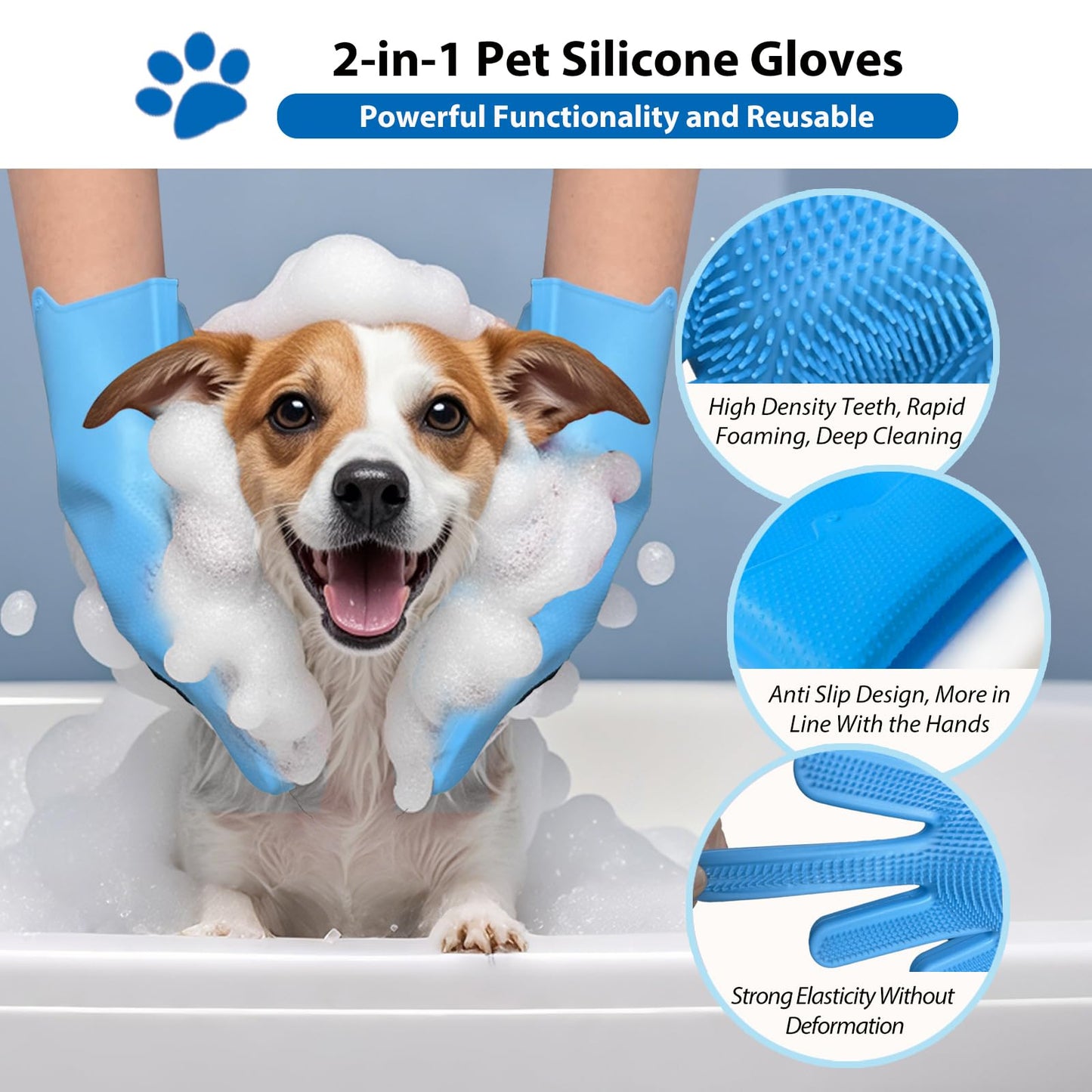 NVNAN Dog Washing Gloves -Dog Bath Brush - Dog Bath Gloves - Dog Shampoo Brush - Pet Grooming Gloves -Cat Grooming Supplies_ Dog Bath Supplies(1 Pair Blue