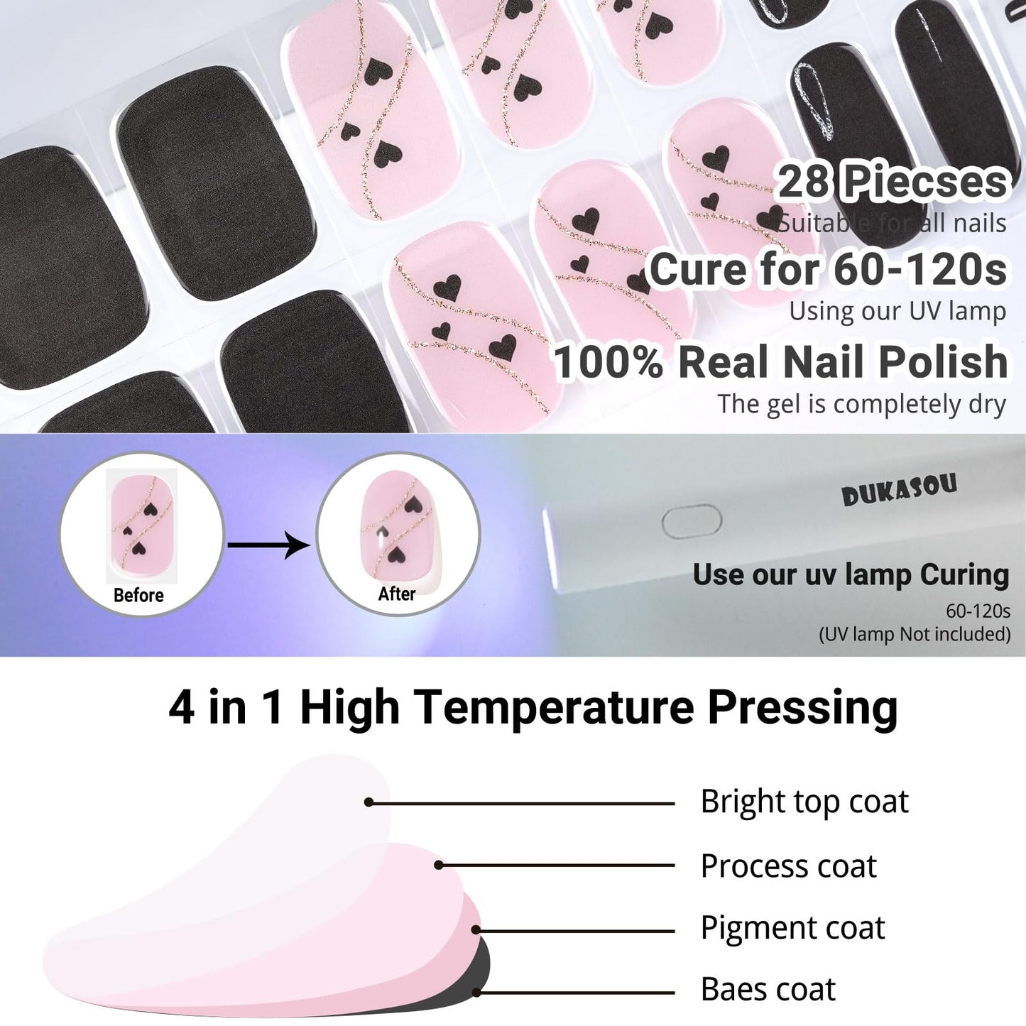 DUKASOU Semi Cured Gel Nail Strips, Black Heart | 28 pcs Gel Nail Strips Work with Any UV Lamp, Salon Quality Nail Stickers, Include Prep Pads, Nail File&Wood Stick