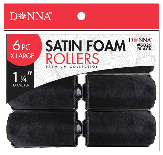 DONNA Silky Satin Foam Rollers 1.25"(D) 6PCS XL Hair Styling Heatless Curlers and Clips for Hairdressing BLACK