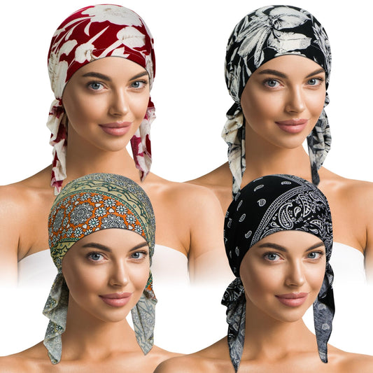 Oumrote 4 Pieces Soft Cotton Chemo Headwear for Women, Stretch Pre-Tied Chemo Head Scarves for Cancer