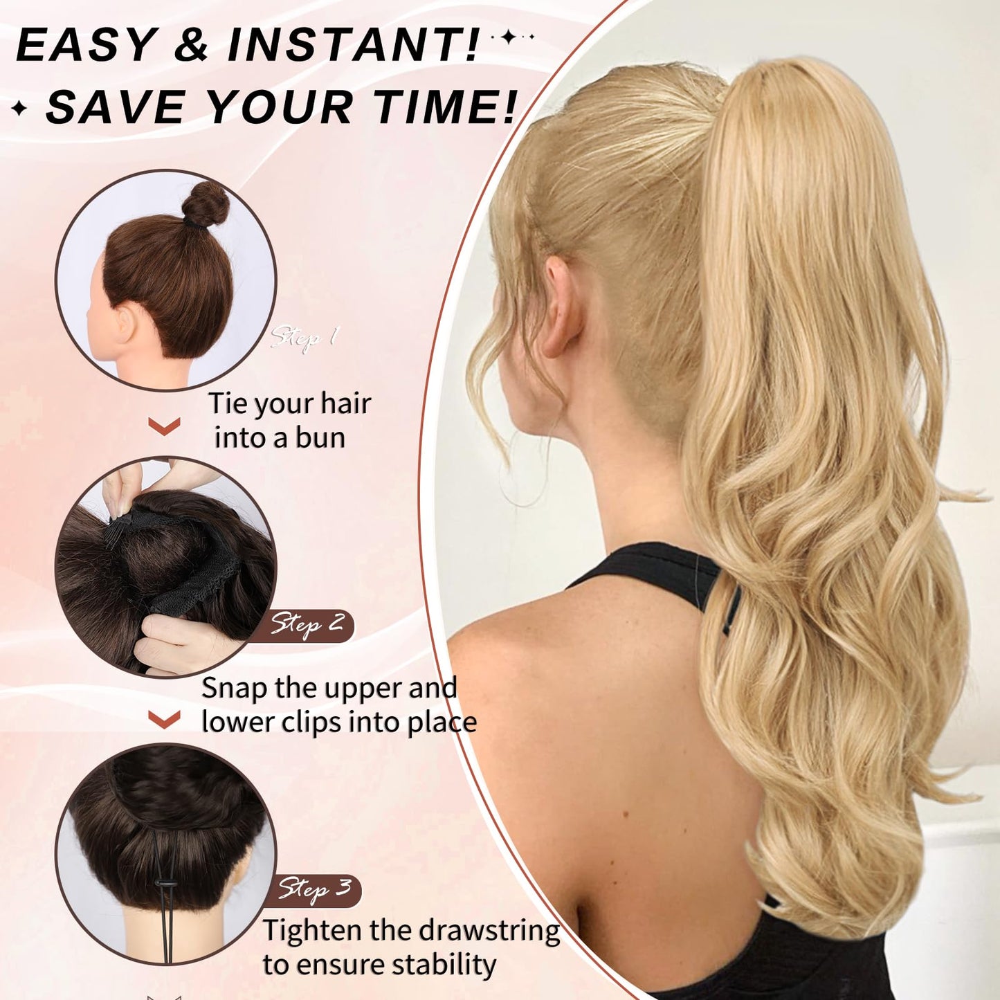 CHRSHN Blonde Ponytail Extension, 20 Inch Drawstring Ponytail Extension for Women Long Blonde Wavy Layered Pony Tails Hair Extensions Synthetic Clip in Ponytail Hairpiece for Women(27/613)