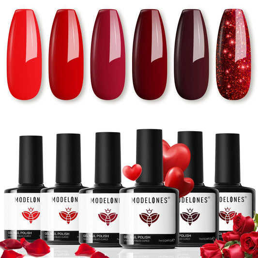 modelones Gel Nail Polish Kit -6 Colors Red Gel Polish Set Burgundy Glitter Sparkle Bloody Soak Off Gel Nail Kit Manicure DIY Nail Art Salon Home Gift