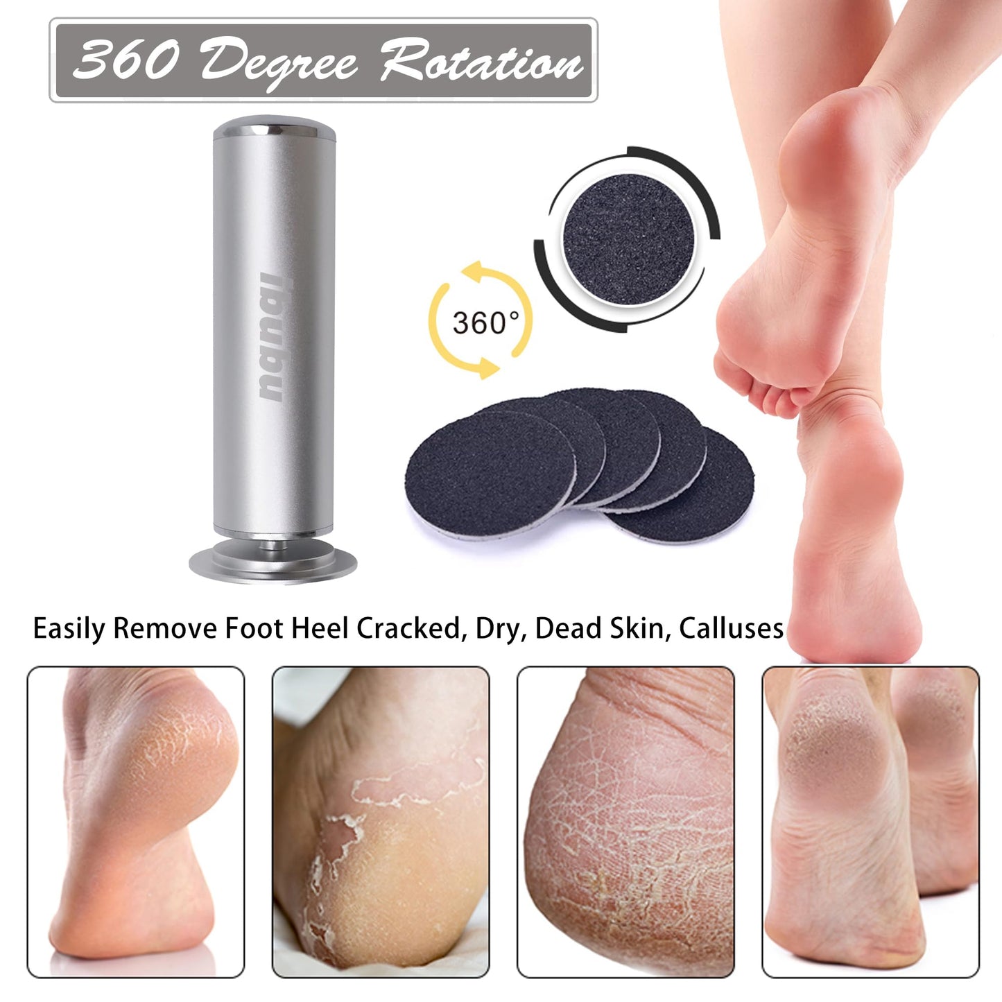 ibubu Electric Feet Callus Remover Professional Powerful Foot File Pedicure Grinder Sanders with 60PCS Replacement Sandpaper Discs Heel Scraper for Dead Dry Crack Skin Calluses Speed Adjustable Silver