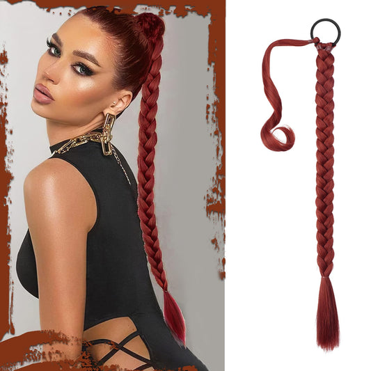 SOFEIYAN Long Braid Ponytail Extension with Hair Tie Straight Sleek Wrap Around Hair Extensions Braid Pony Tail Fluffy Natural Soft Synthetic Hairpieces for Women Daily Wear, 26 inch-Red