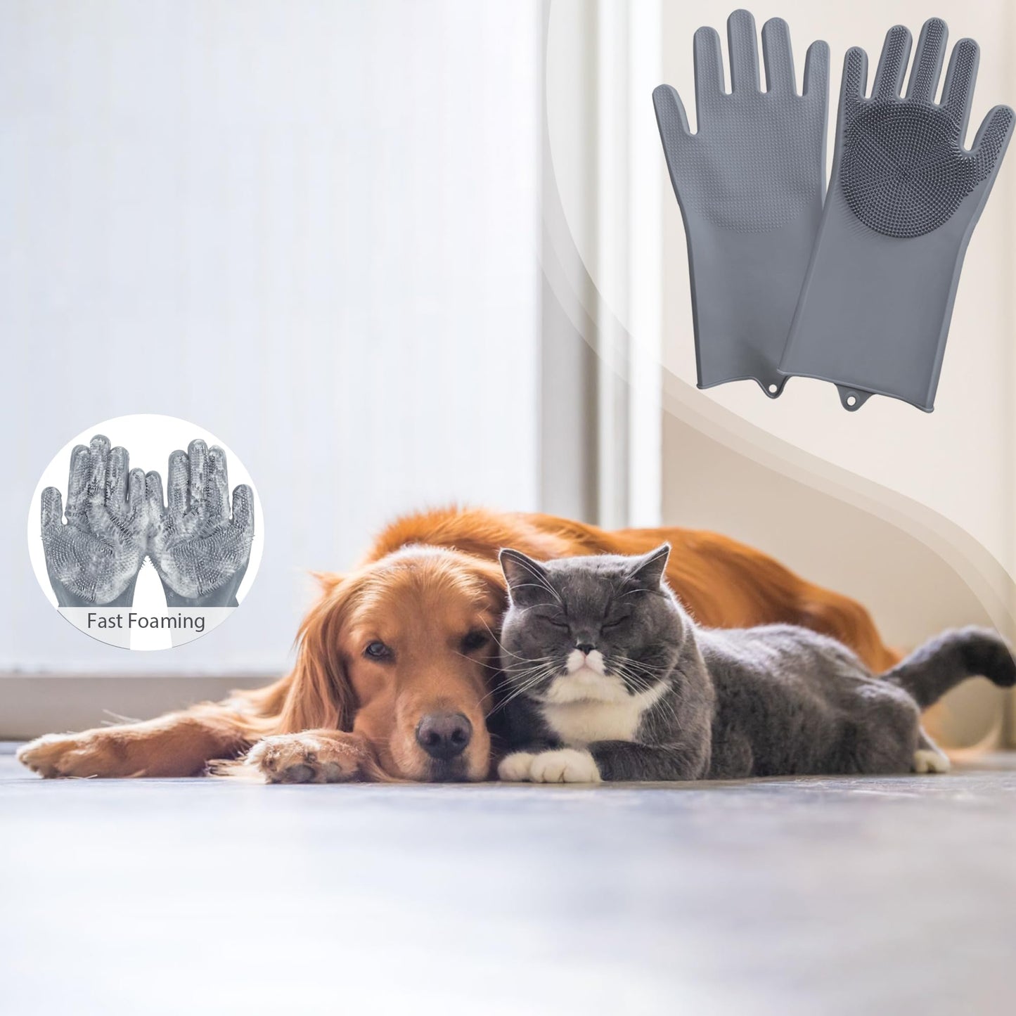 SUKETIL Pet grooming gloves,Dog washing gloves with High-Density Teeth with Five Finger Design to bathing and Massage for Dogs,Cats (Gray)