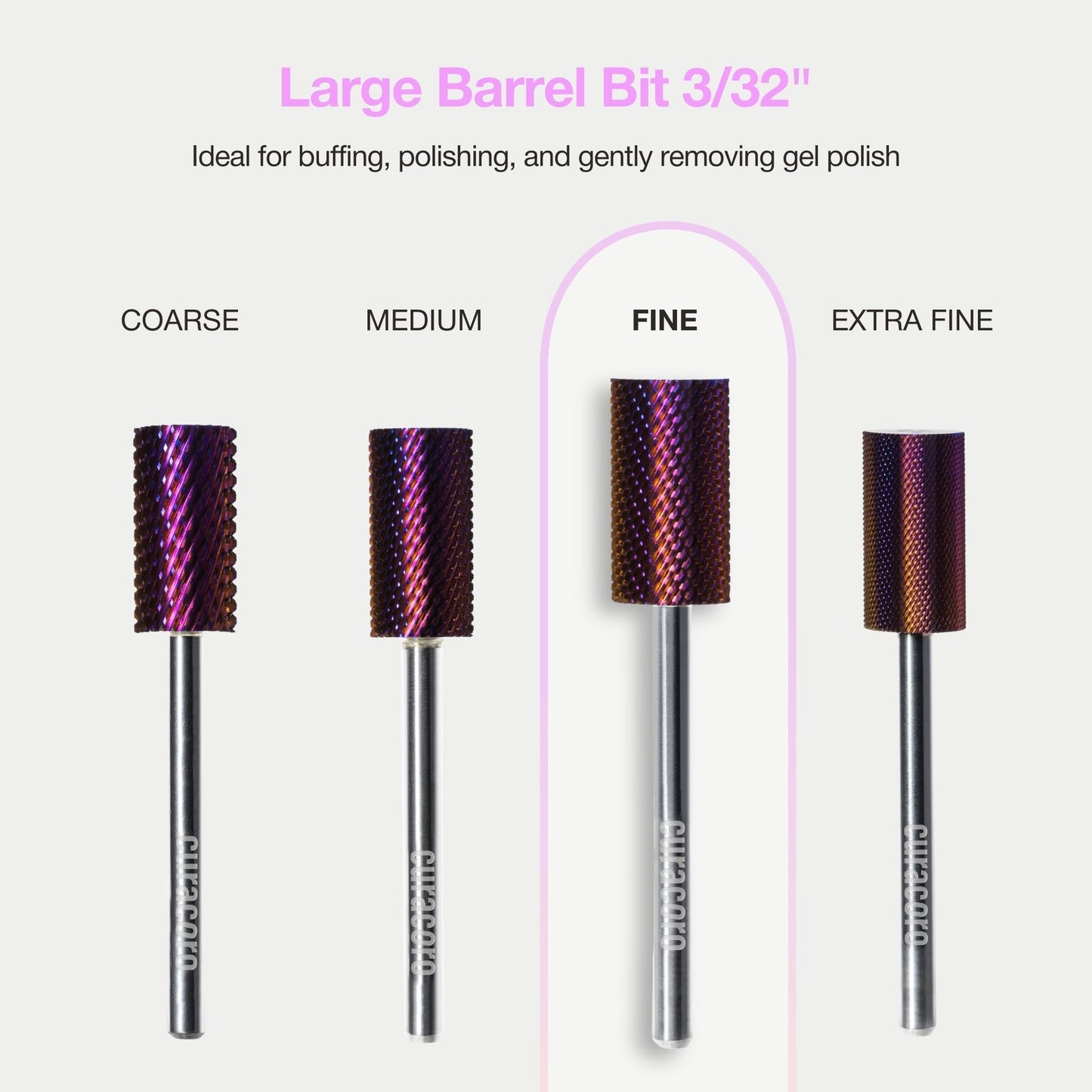 Curacoro Nail Drill Bits 3/32'' - Safe Smooth Stop Large Barrel Carbide Bit (Fine), Gently Bits for Removal & Nail Enhancement, for Nail Beds, Nail Art Pedicure Manicure Salon & Home