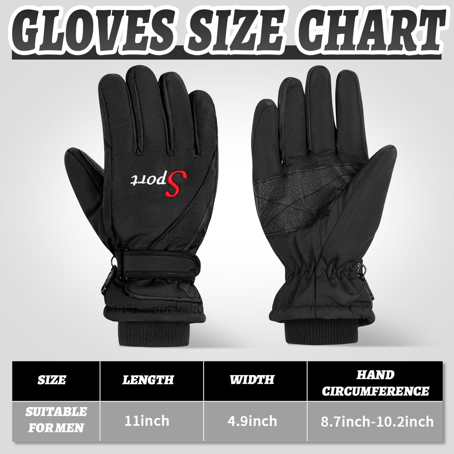 Lewtemi 2 Pairs Mens Snow Gloves Waterproof Winter Ski Gloves Mittens Warm Insulation Snowboarding Gloves for Cold Weather (Black, Dark Gray)