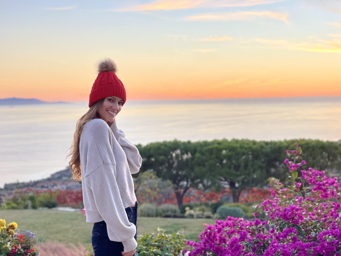 Simplicity Slouchy Beanie Womens Red Hat for Women Pom Pom Beanie Winter Hand Knit Faux Fur Red Beanie Hat