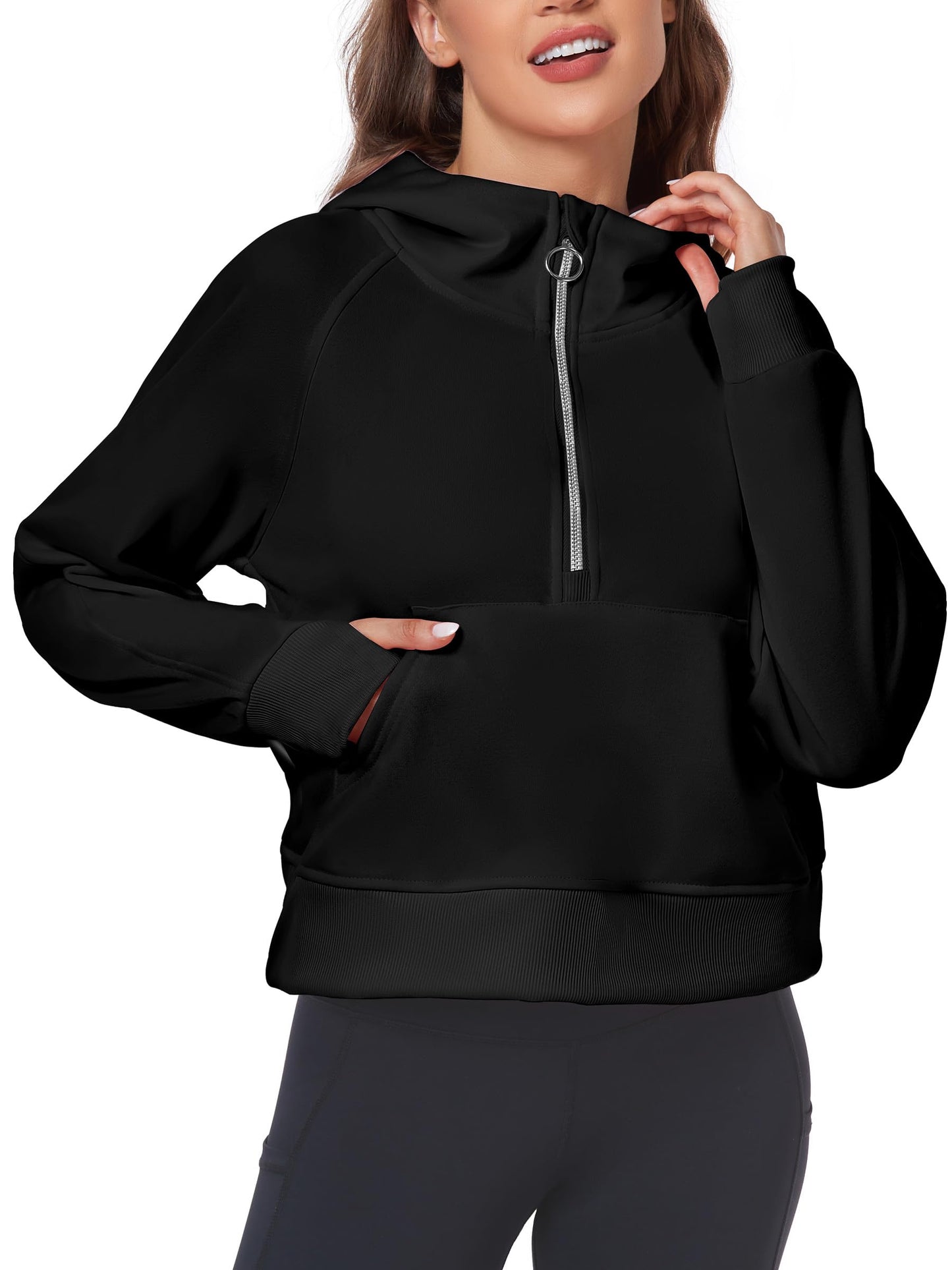 FKEEP Womens Half Zip Hoodies Quarter Zipper Up Cropped Sweatshirt Long Sleeve Athletic Pullover Tops with Thumb Hole(Black,Large)