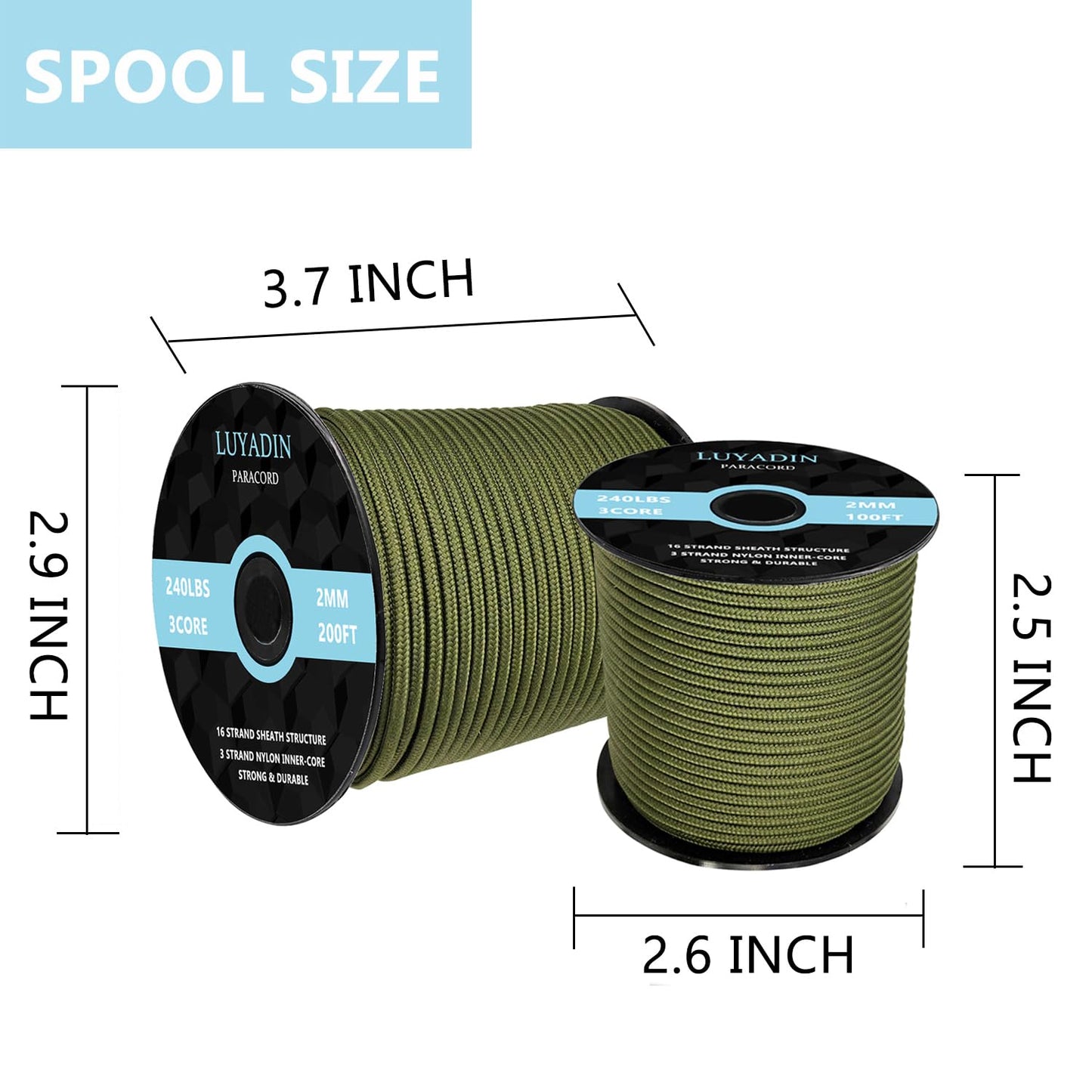 LUYADIN Paracord 240lb - Diameter 2mm Micro Utility Cord -3 Strand Parachute Spool Cord - 100ft 200ft,Paracord for Camping,Hiking,Fishing,Outdoor and DIY