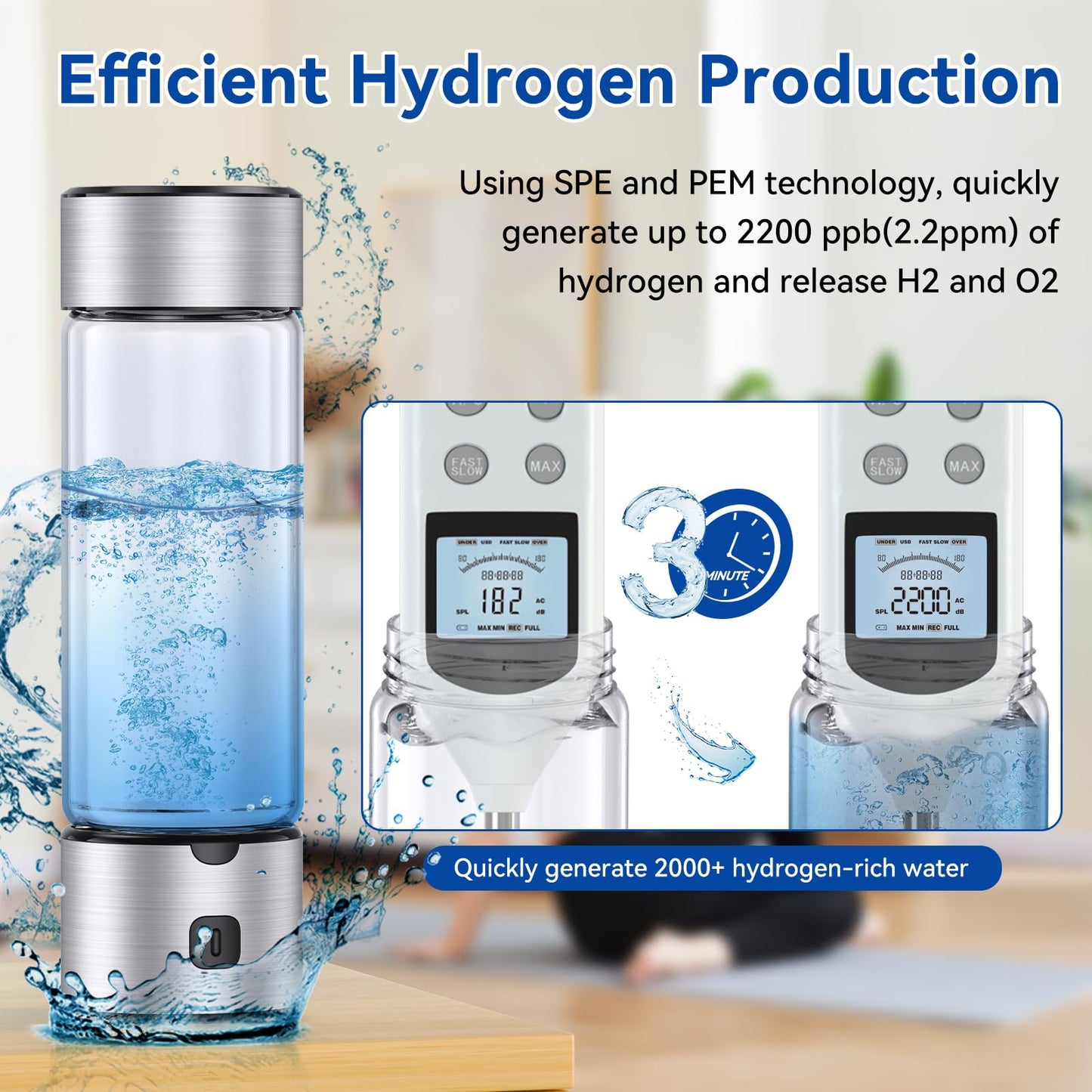 Hydrogen Water Bottle Generator, 2 in 1 Hydroh Hydrogen Water Bottle with SPE/PEM Technology, 460ml Portable Rechargeable Ionizer Machine for Home, Office, Travel and Fitness