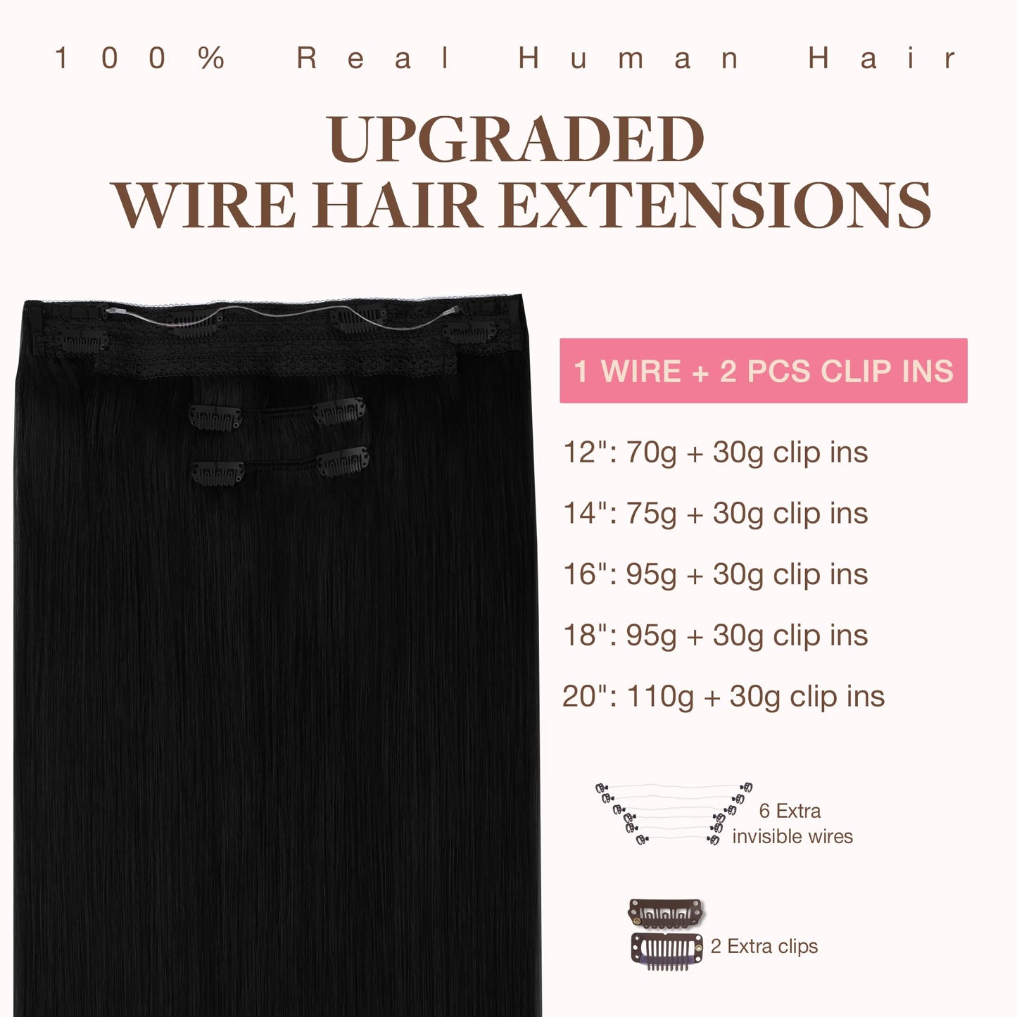 GOO GOO Wire Hair Extensions Human Hair, 1 Jet black Natural 18inch 125g, Invisible Wire Hair Extensions with Transparent, Seamless Fish Line Hairpiece