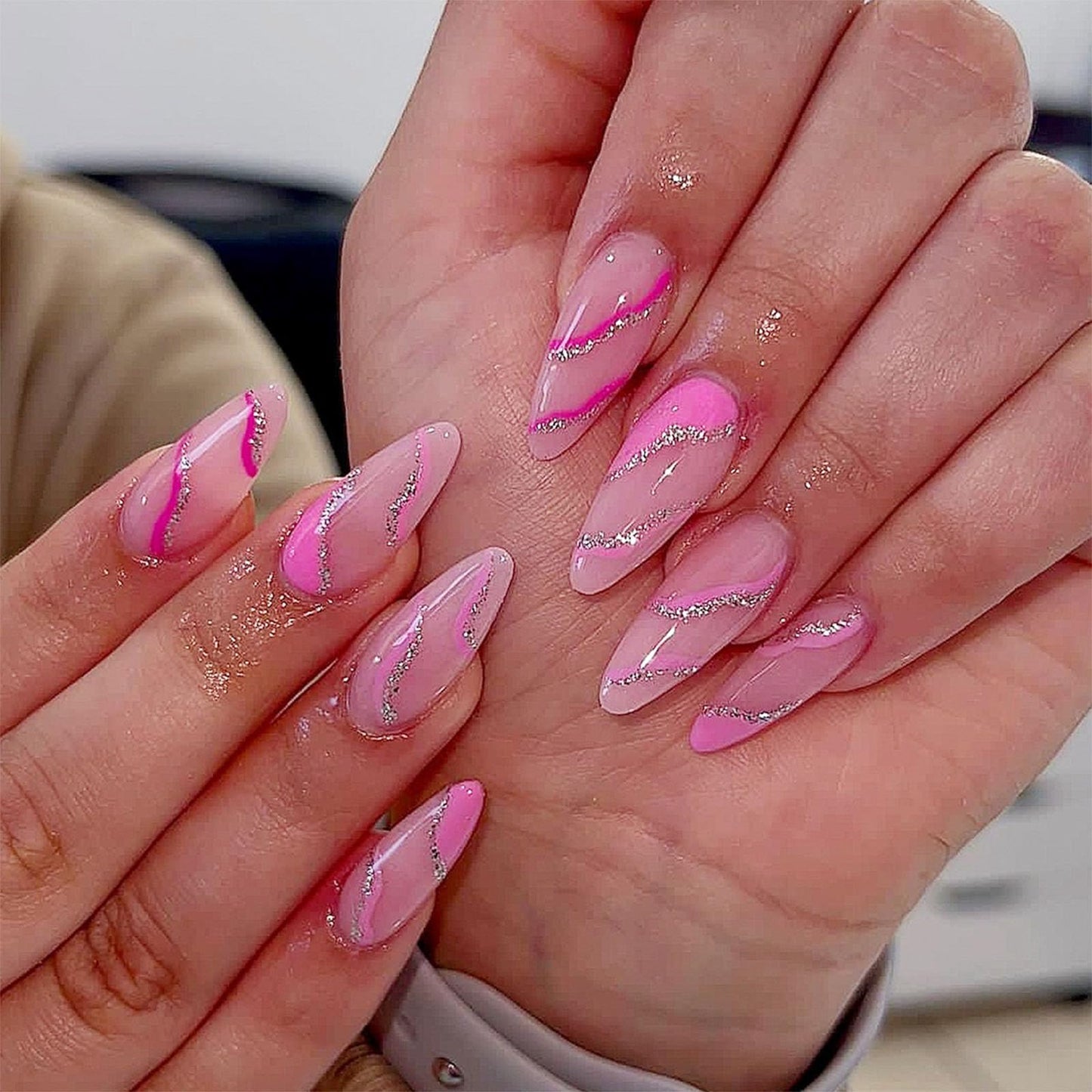 Almond Press on Nails Medium Fake Nails Pink False Nails with Design Silver Glitter Swirl Wave Acrylic Glue on Nails Glossy Artificial Stick on Nails for Women Girls Manicure Decoration 24Pcs