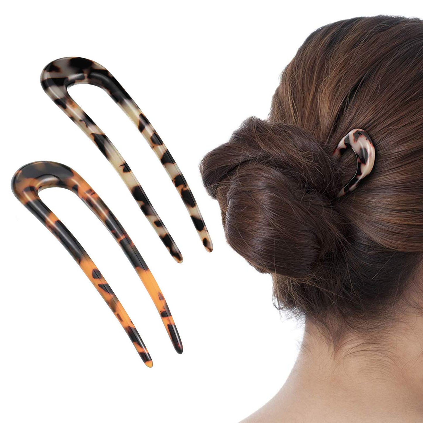 2 Pack Benefree French Style Cellulose Acetate Tortoise Shell U Shaped Hair Pins Fork 2 Prong Updo Chignon Pin for Women Girls Hairstyle Accessories(Tortoiseshell and White Tortoiseshell)