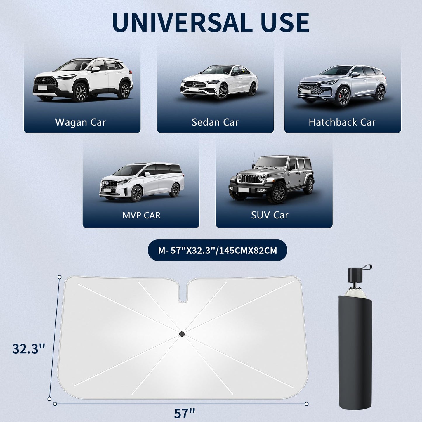 Tecoom Umbrella Sun Shade for Car Windshield 57"x32", Upgrade Double Heat Shield Coating, Front Vehicle Window Visor Sunshade Cover Universal for Sedan SUV, Automotive Interior Sun Protection UV Block