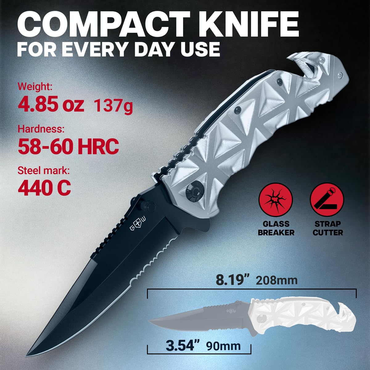 GOOD WORKER White Pocket Knife for EDC - 440 Steel Sharp Blade & Aluminum Handle - Cool Folding Knives - Multi Tool Knife - Camping Gear and Equipment - Best Gift for Men and Women - HB 207 W