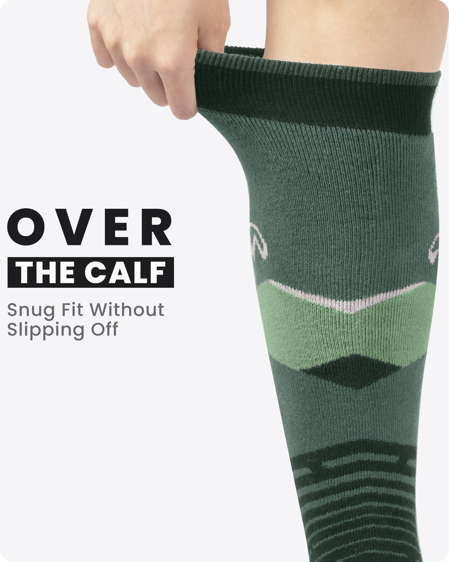 OutdoorMaster Ski Socks, 2-Pair Pack Skiing and Snowboarding Thermal Socks for Men with Non-Slip Cuff Design, Geometric Patterns - Army Green, Medium