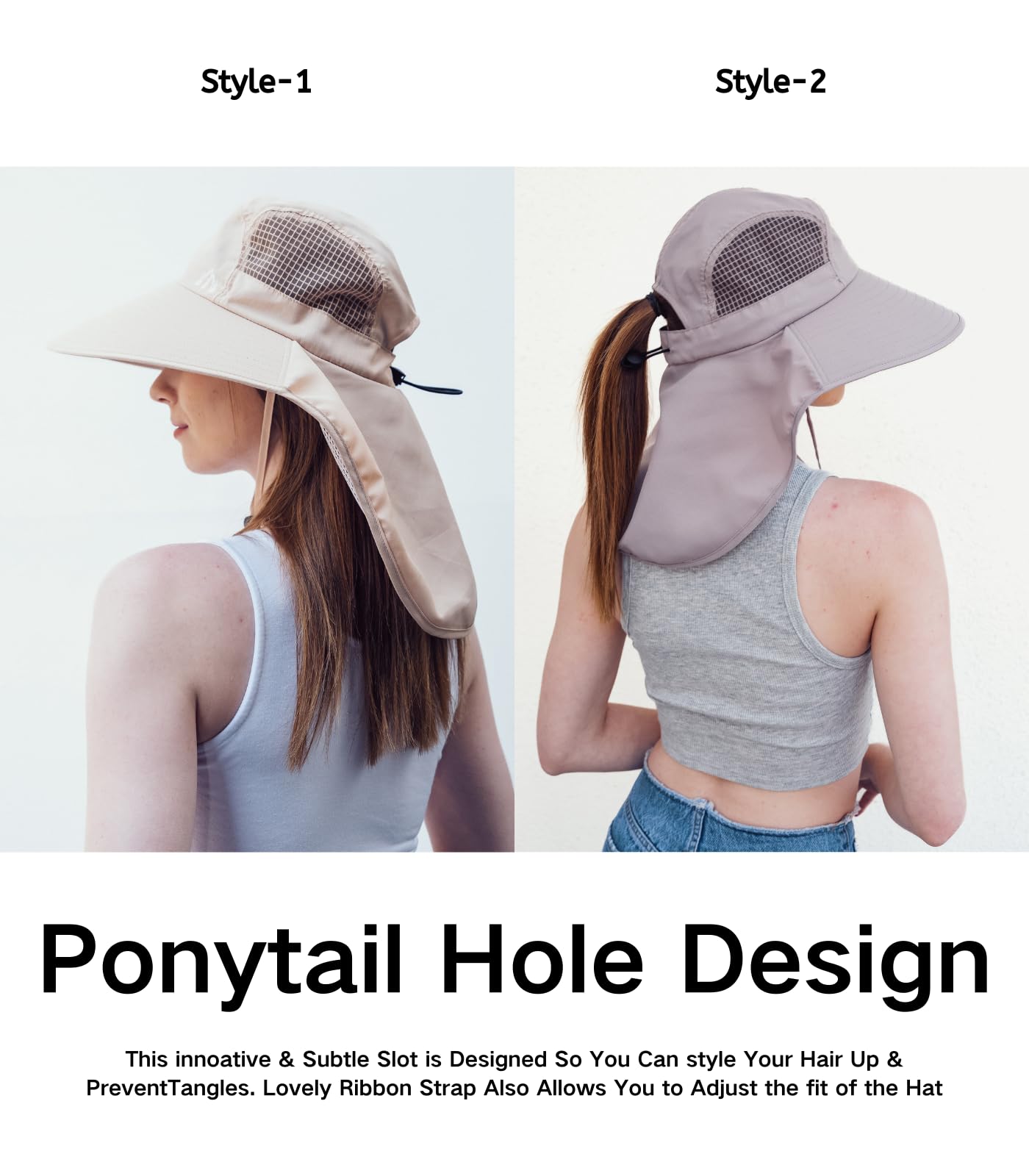 Womens Sun Protection Hat Foldable Waterproof Fishing Hat Women Neck Flap Wide Brim Gardening Hat with Ponytail Hole for Women Light-Gray