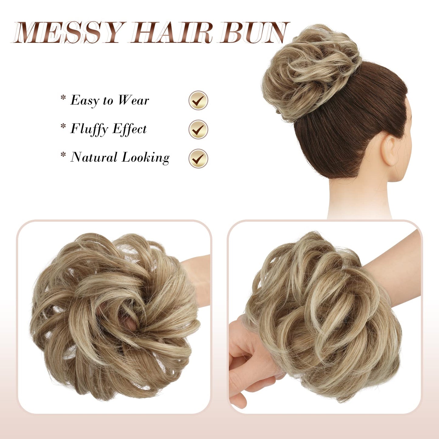 FESHFEN Messy Bun Hair Piece - Elastic Wavy Curly Hair Bun Scrunchies Extensions Synthetic Chignon Hairpieces for Women Girls, Mixed Blonde and Ash Blonde Tips 1 PCS