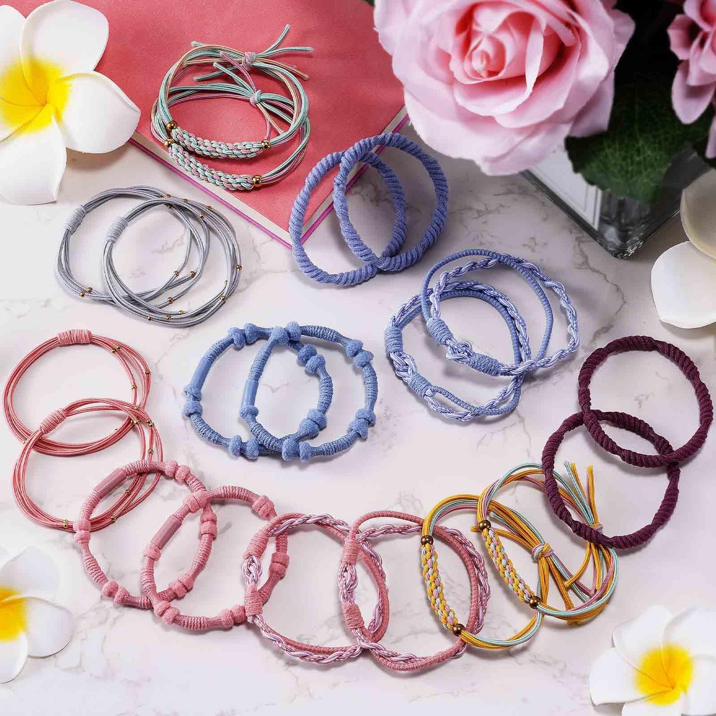 Wgniip 20 Pcs Boho Hair Accessories for Women: 5 Styles Cute Tie Bracelets for Thin and Thick Pony Tails, 10 Colors No Damage Elastics
