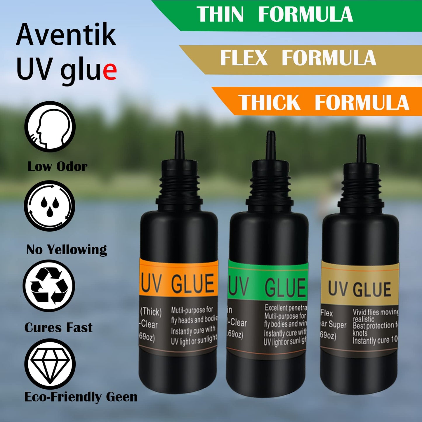 EUPHENG Fly Tying UV Resin Three Formula Thick,Thin and Super Flex Fly Tying Head Cement Fly Tying Glue for Building Flies Heads Bodies and Wings and Gluing Eyes