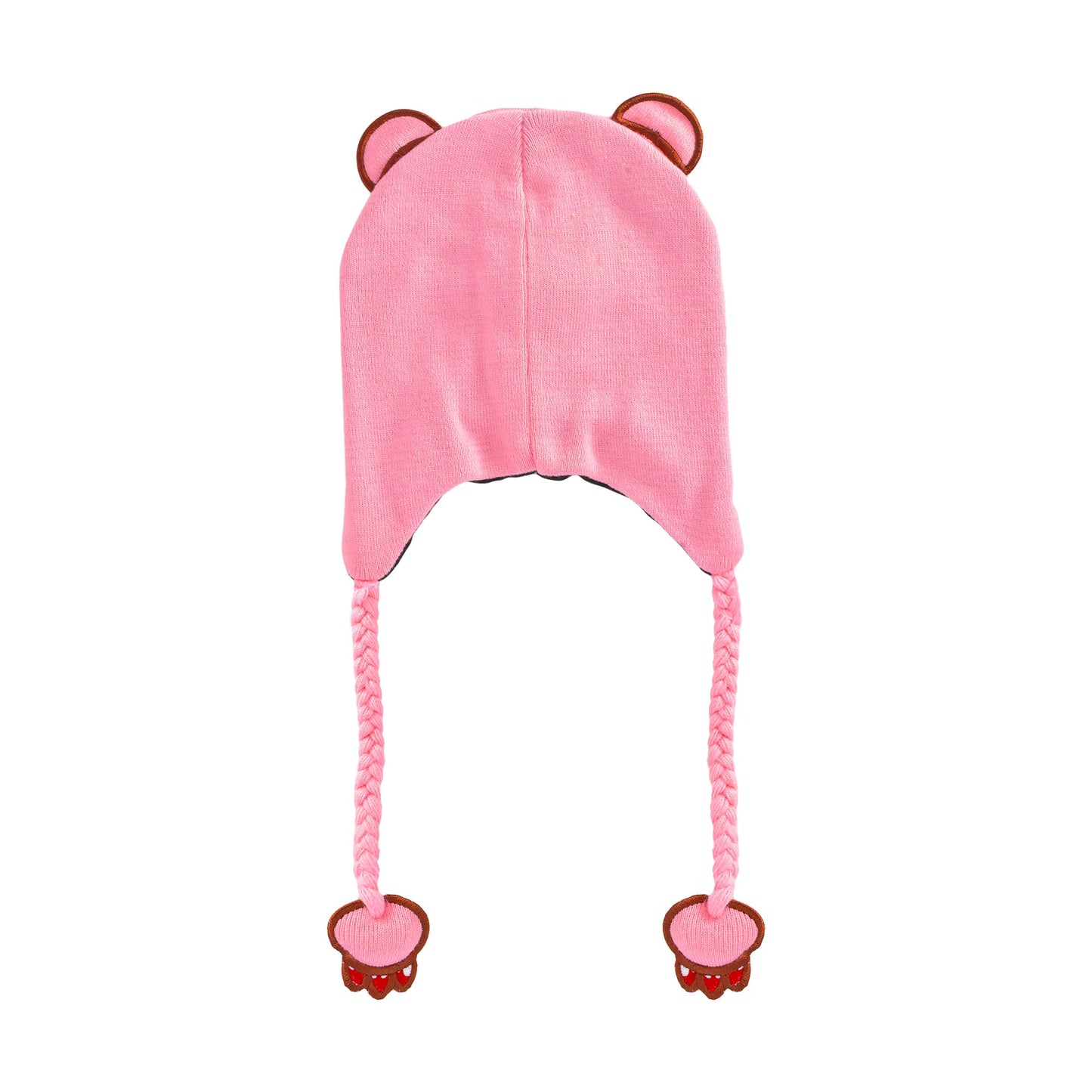Gloomy Bear Beanie Hat, Peruvian Winter Knit Cap with 3D Ears and Tassels, Pink, One Size