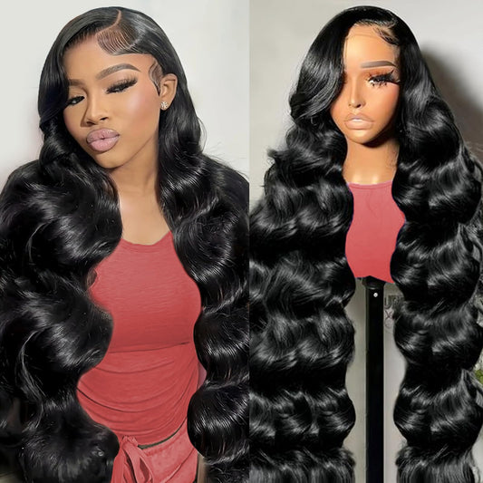 haha Body Wave Lace Front Wig Human Hair Pre Plucked 180% Density HD Transparent Lace Frontal Wigs Human Hair 13x4 Lace Front Glueless Human Hair Wigs For Women Black Bleached Knots Baby Hair 20 Inch