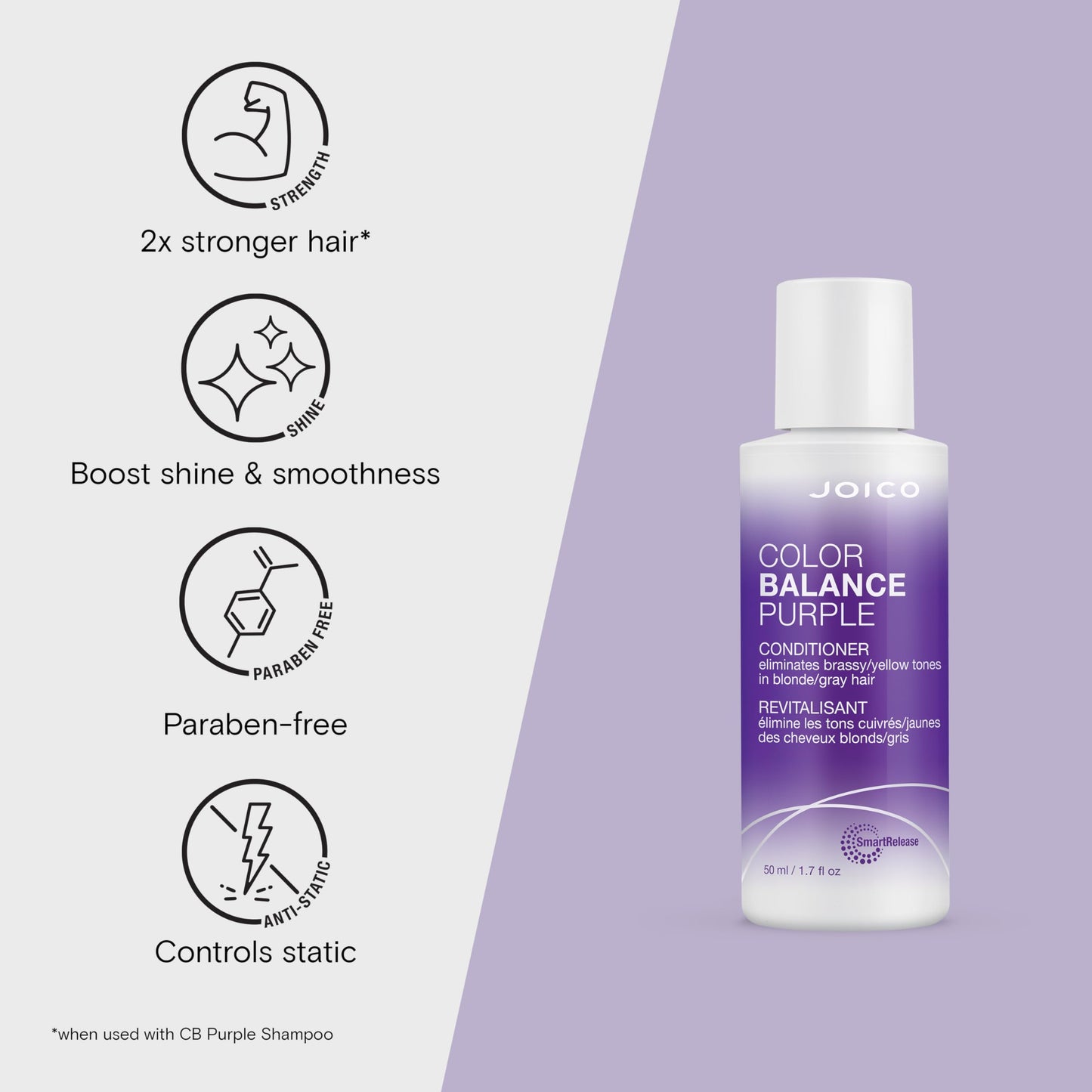 Joico Color Balance Purple Conditioner, 1.7 Fl Oz, For Cool Blonde, Gray Hair, Eliminates Brassy Yellow Tones, Boosts Vibrancy & Shine, UV Protection, With Rosehip Oil & Green Tea Extract