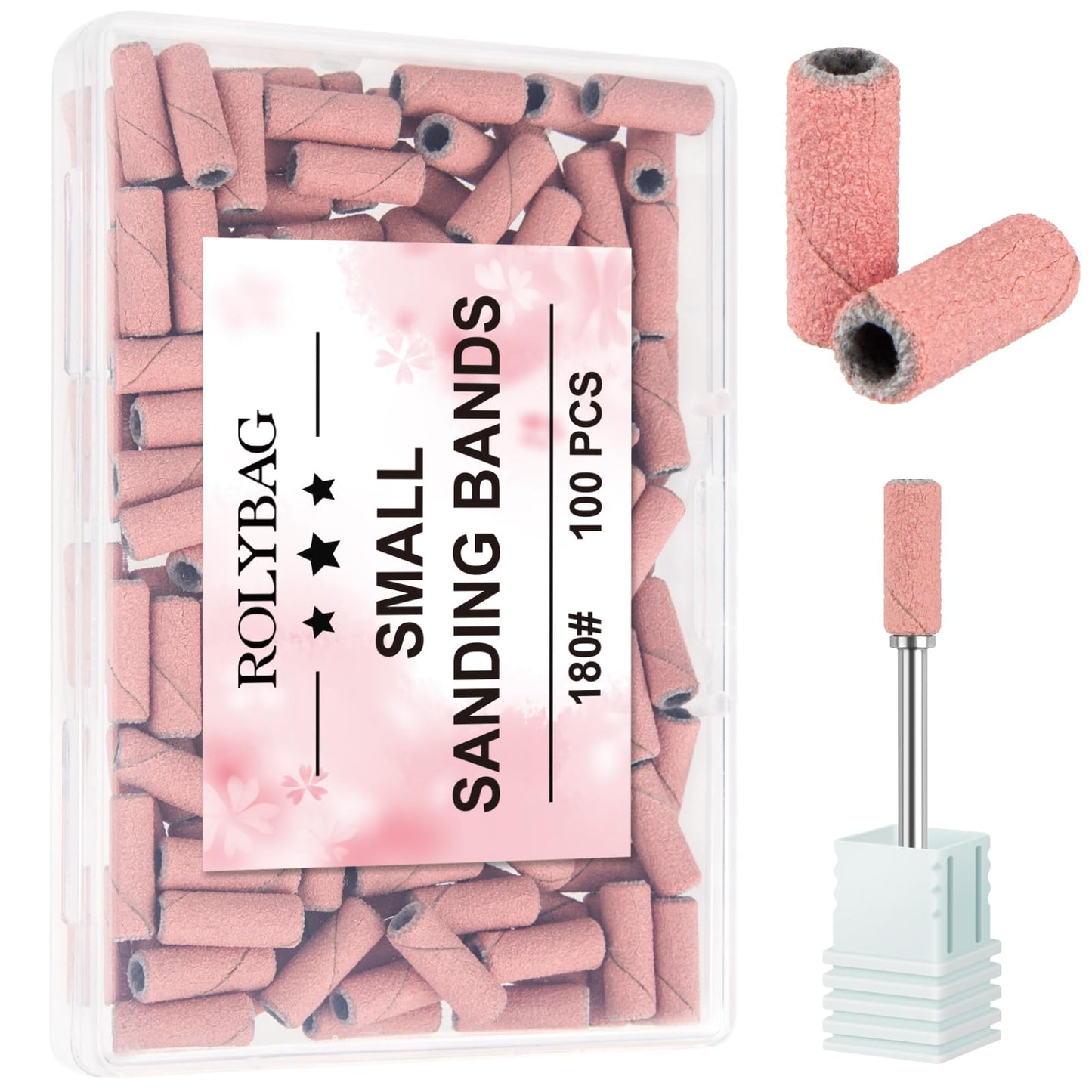 Rolybag 100pcs Small Sanding Bands Nail Drill Bits 180 Fine Grit Nail File Sanding Bands with 3.1mm Mandrel Bit for Acrylic Nails Gel Removing Shaping Professional Manicures and Pedicure, Pink