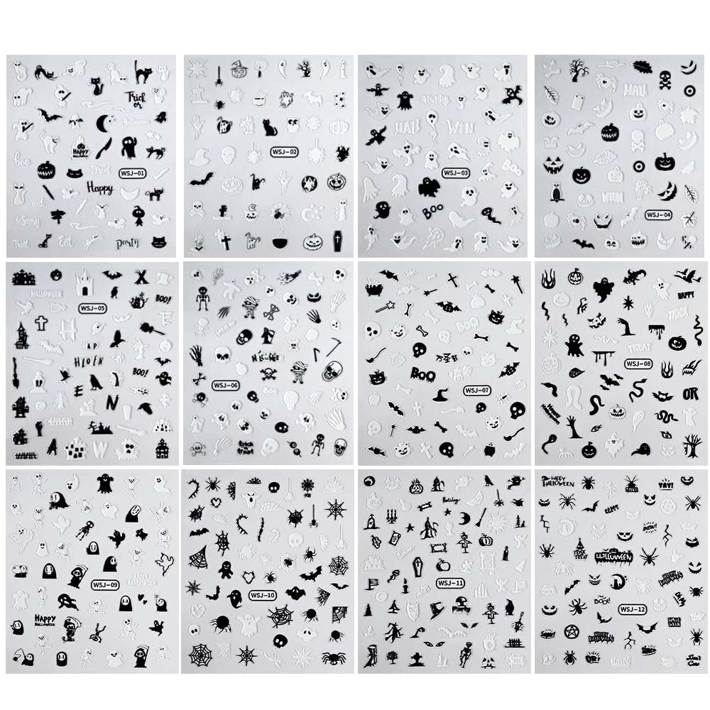 12 Sheets Halloween Nail Stickers Decals Skull Ghost Nail Decals Bat Spider Web Nail Stickers for 3D Adhesive Nail Art Stickers Pumpkin Nail Decals with Design Glow in The Dark for Women Decorations