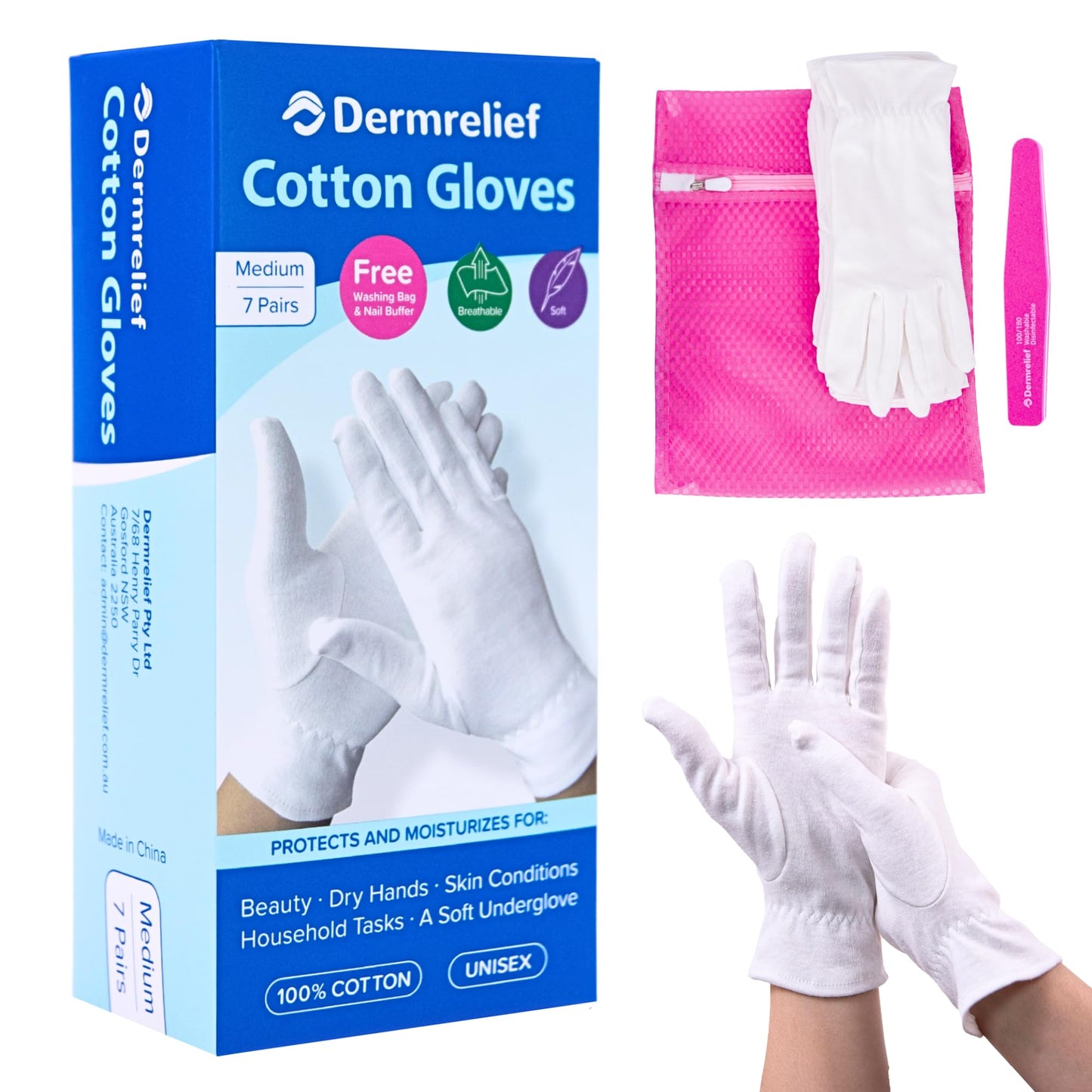 Dermrelief Cotton Gloves - for Beauty, Dry Hands, Eczema, Dermatitis and Psoriasis (7 Pairs) with Free Gifts (Professional Nail Buffer & Washing Bag) (Large)