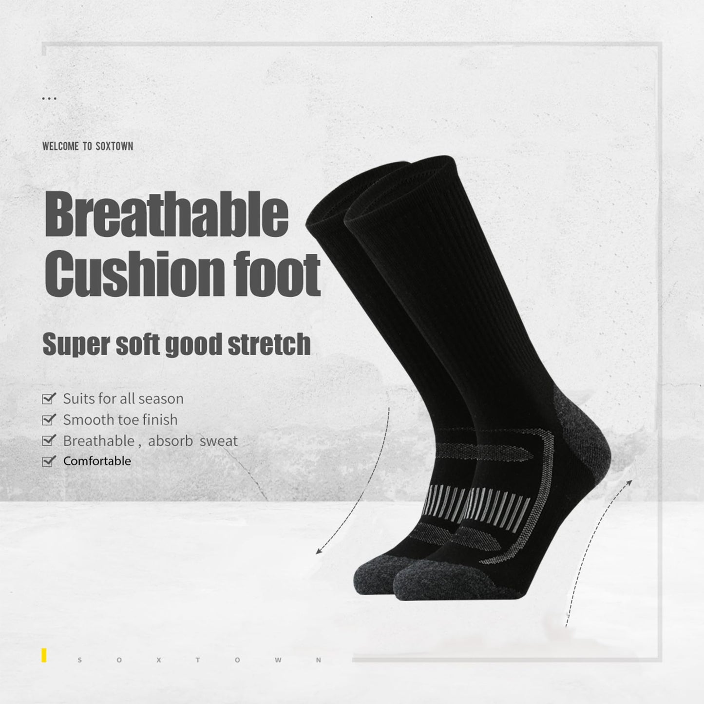 SOX TOWN Men's Merino Wool Cushion Crew Socks for Outdoor Hiking Hike Trail Performance Moisture Wicking Lightweight Summer(Black L)