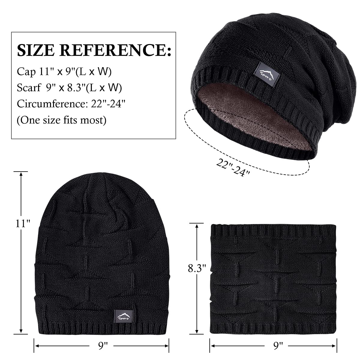Winter Beanie Hat Scarf Touchscreen Glove Set for Men Women,Slouchy Knit Ski Cap Neck Warmer with Fleece Lined for Unisex (Black Beanie Scarf and polyester and spandex Black Glove)
